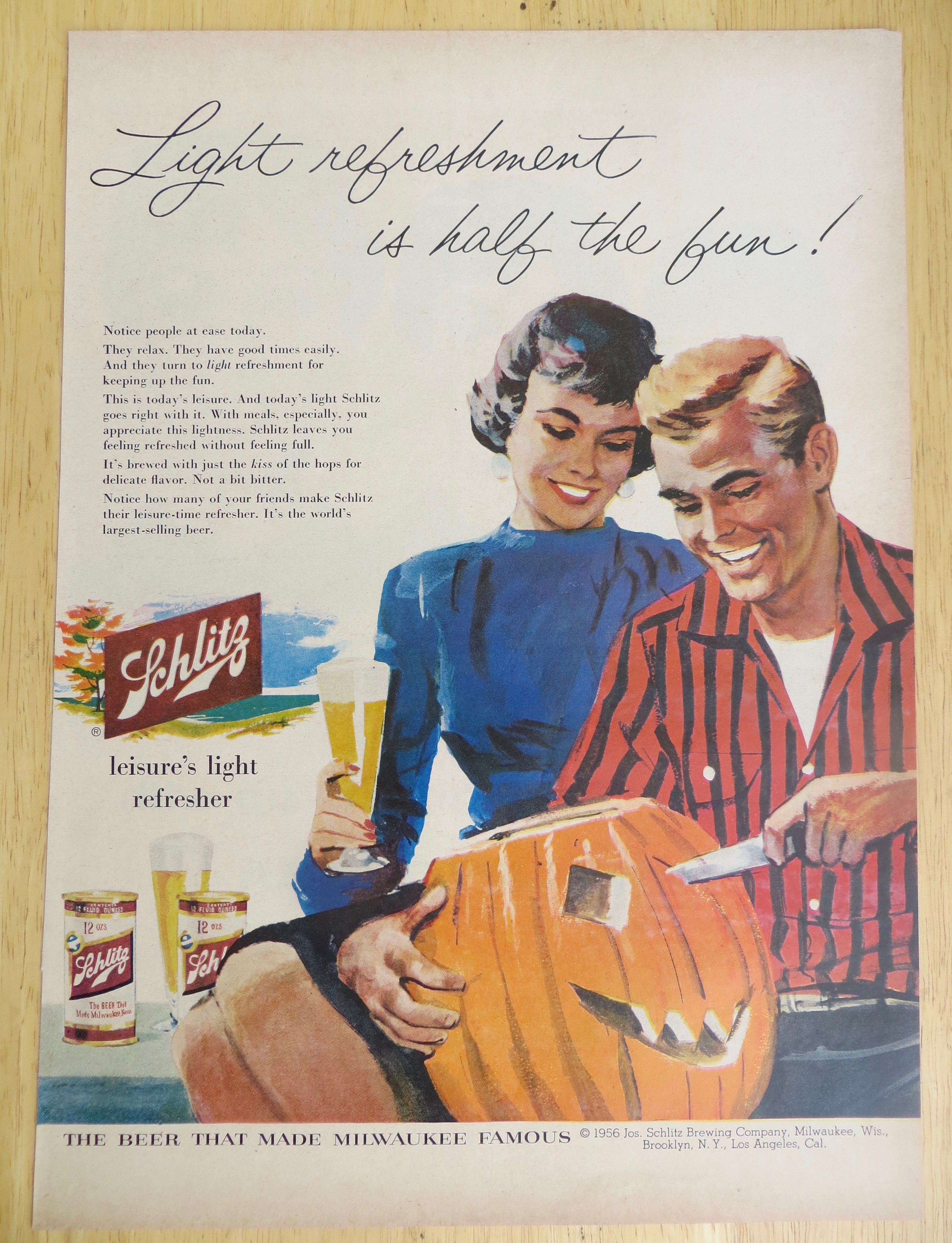 1956 Schlitz Beer w/Woman Watching Man Carve Pumpkin