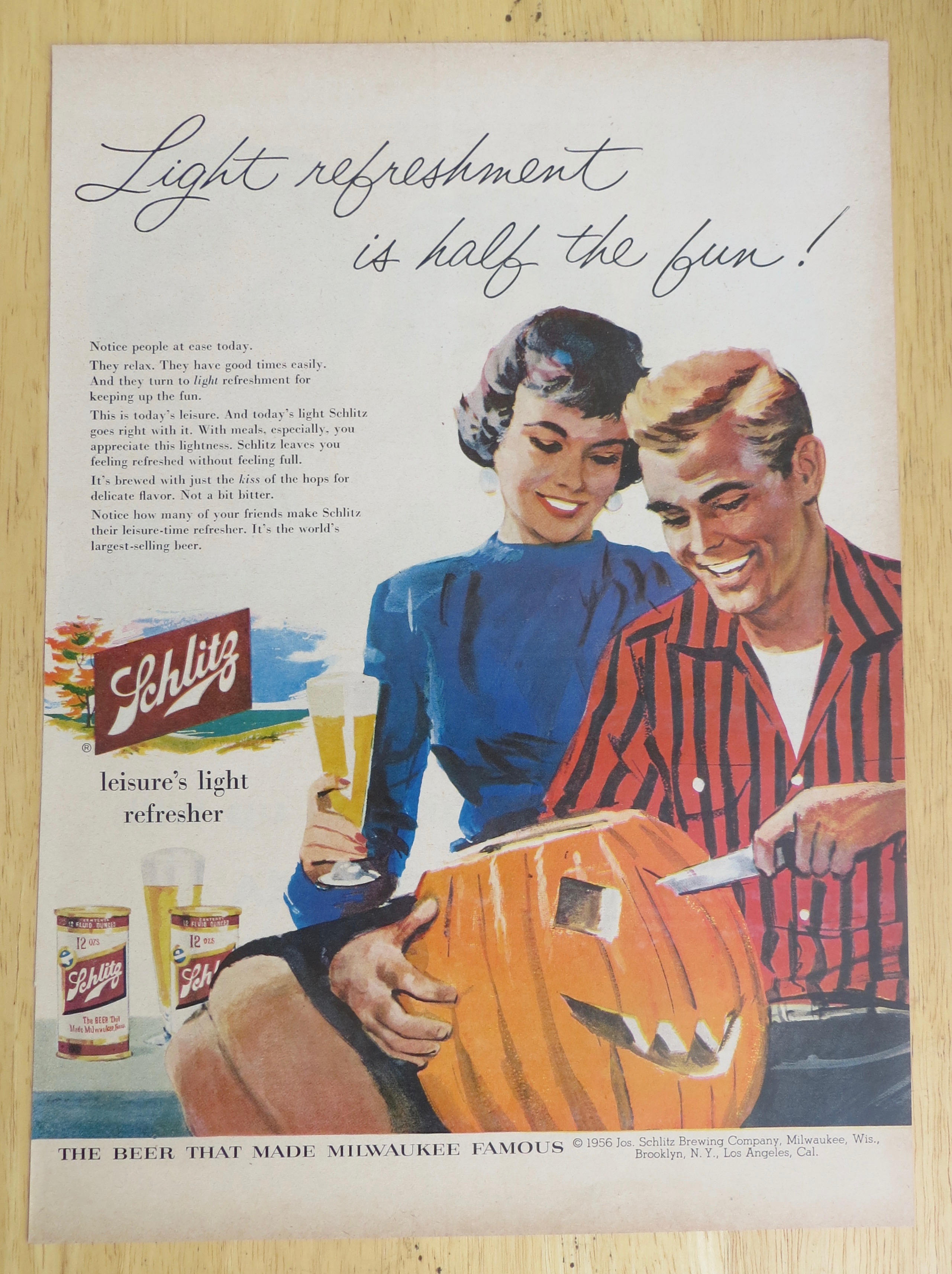 1956 Schlitz Beer w/Woman Watching Man Carve Pumpkin