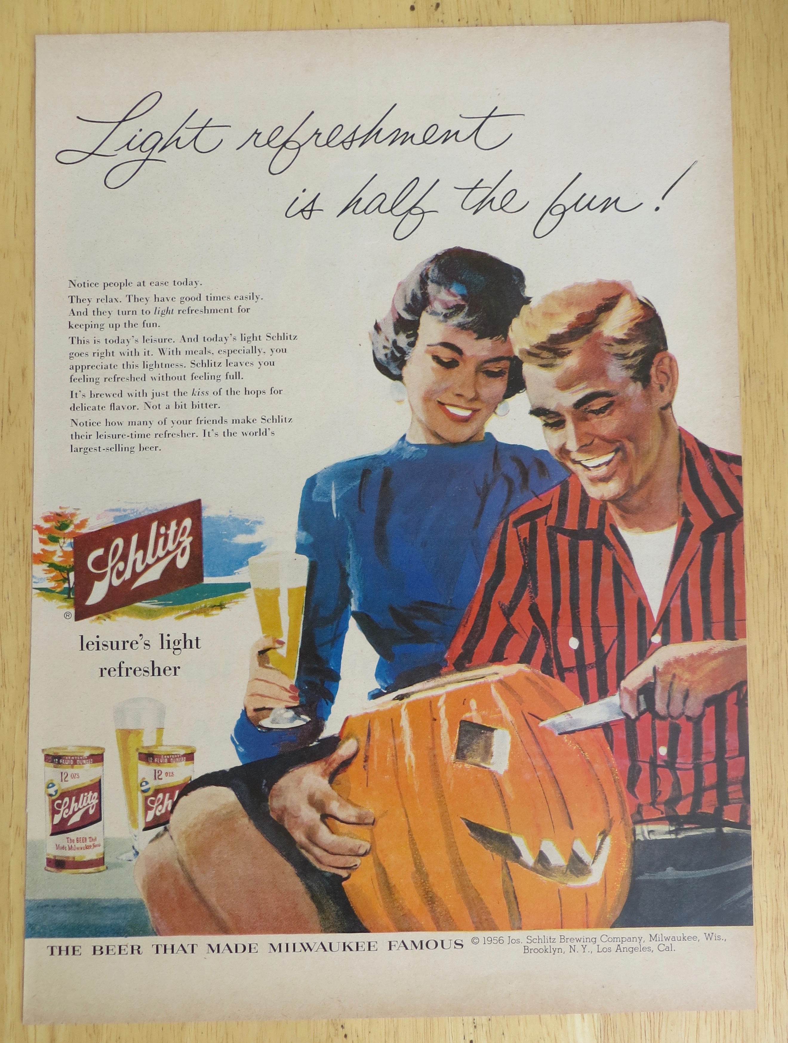 1956 Schlitz Beer w/Woman Watching Man Carve Pumpkin