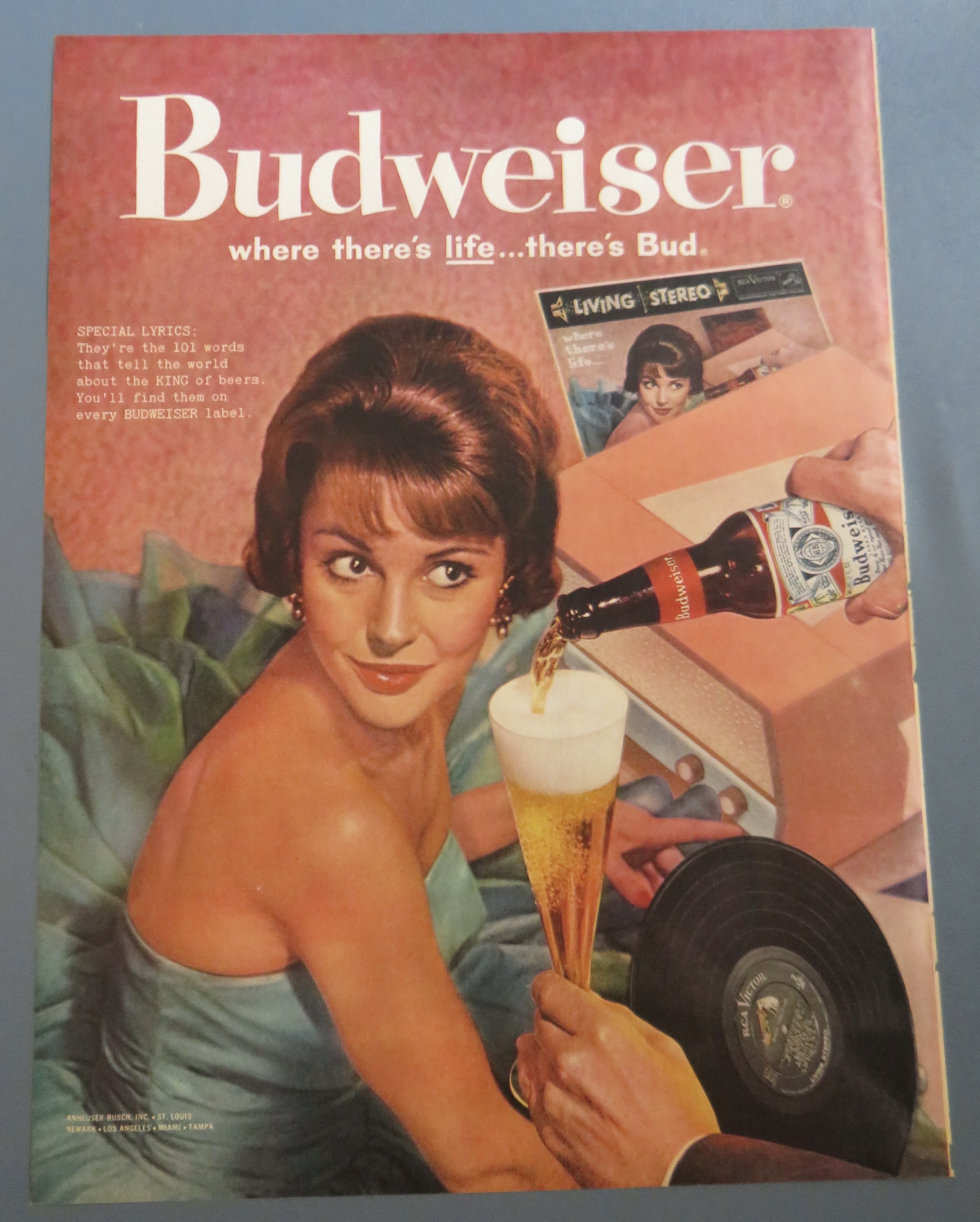 1960 Budweiser Beer with Woman Looking At Glass Of Beer