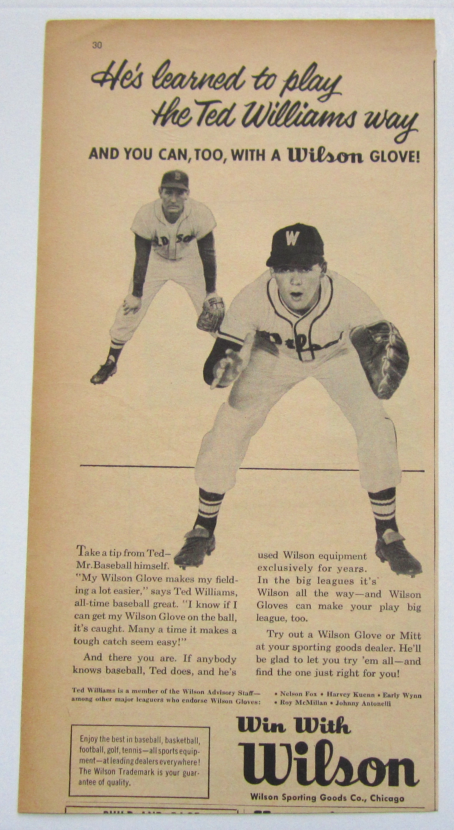 1958 Vintage Wilson Baseball Glove With Ted Williams