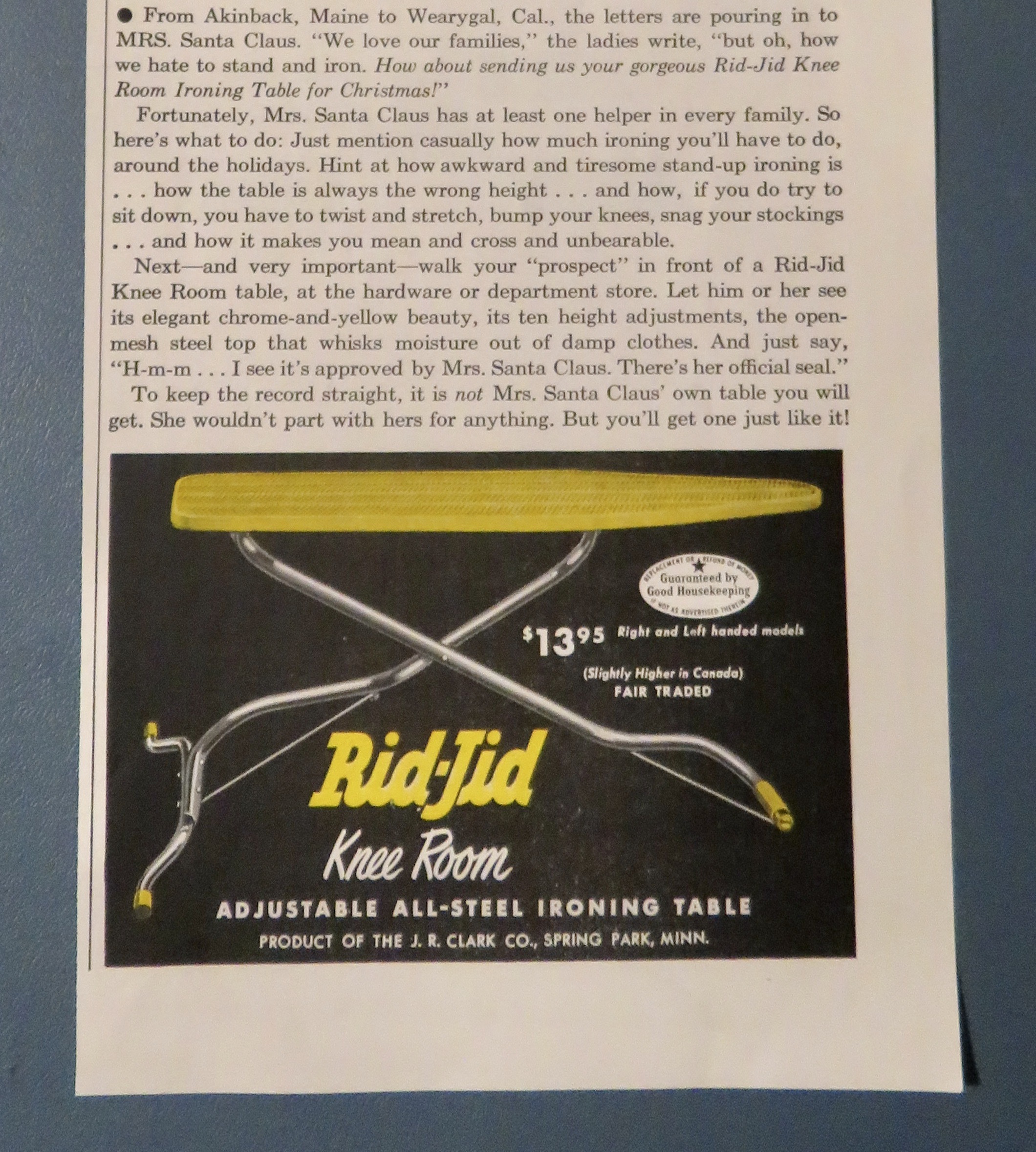 1954 Rid Jid Knee Room Ironing Table w/ Mrs. Claus