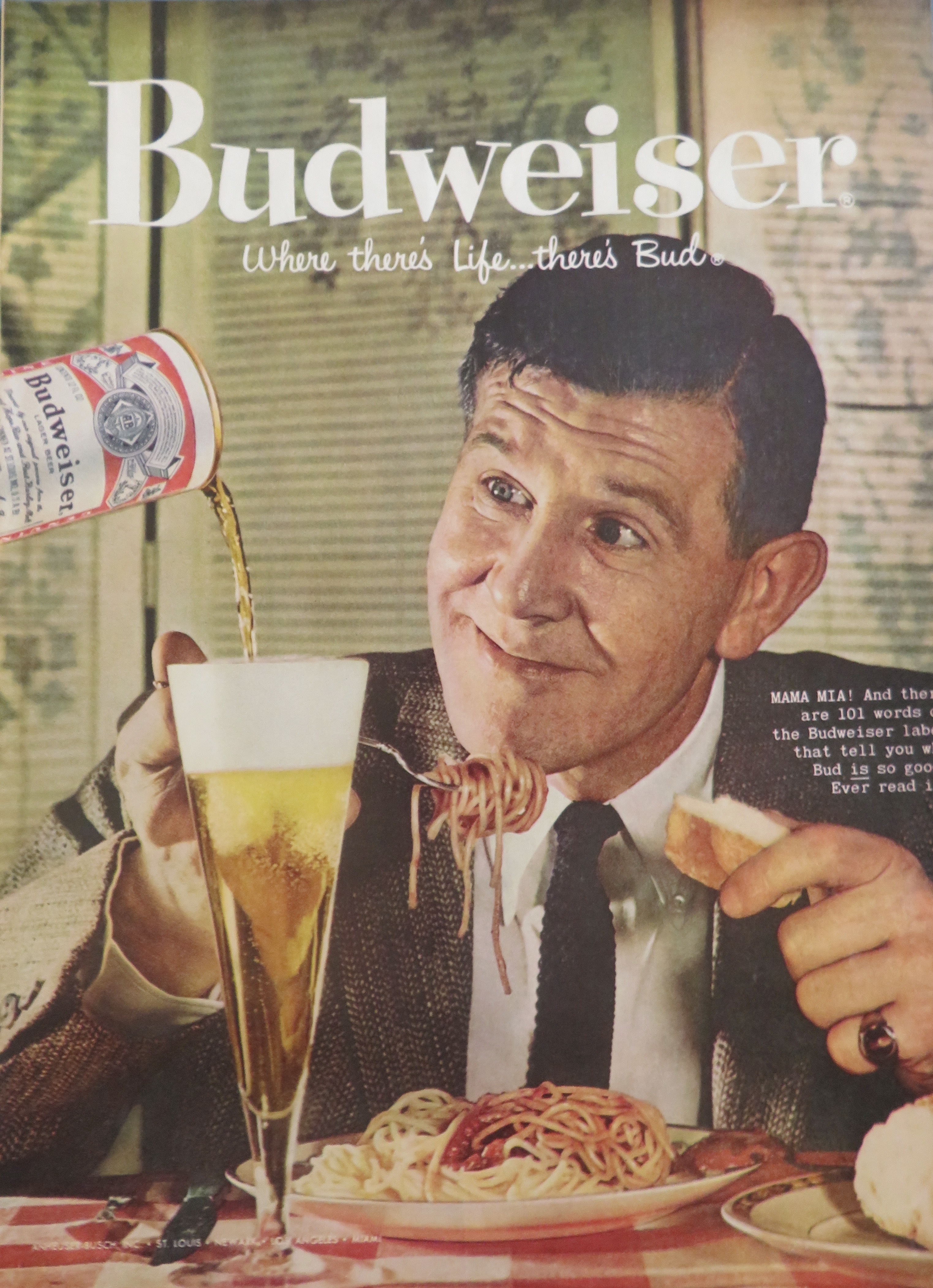 1958 Budweiser Beer with Man Having Spaghetti with Beer