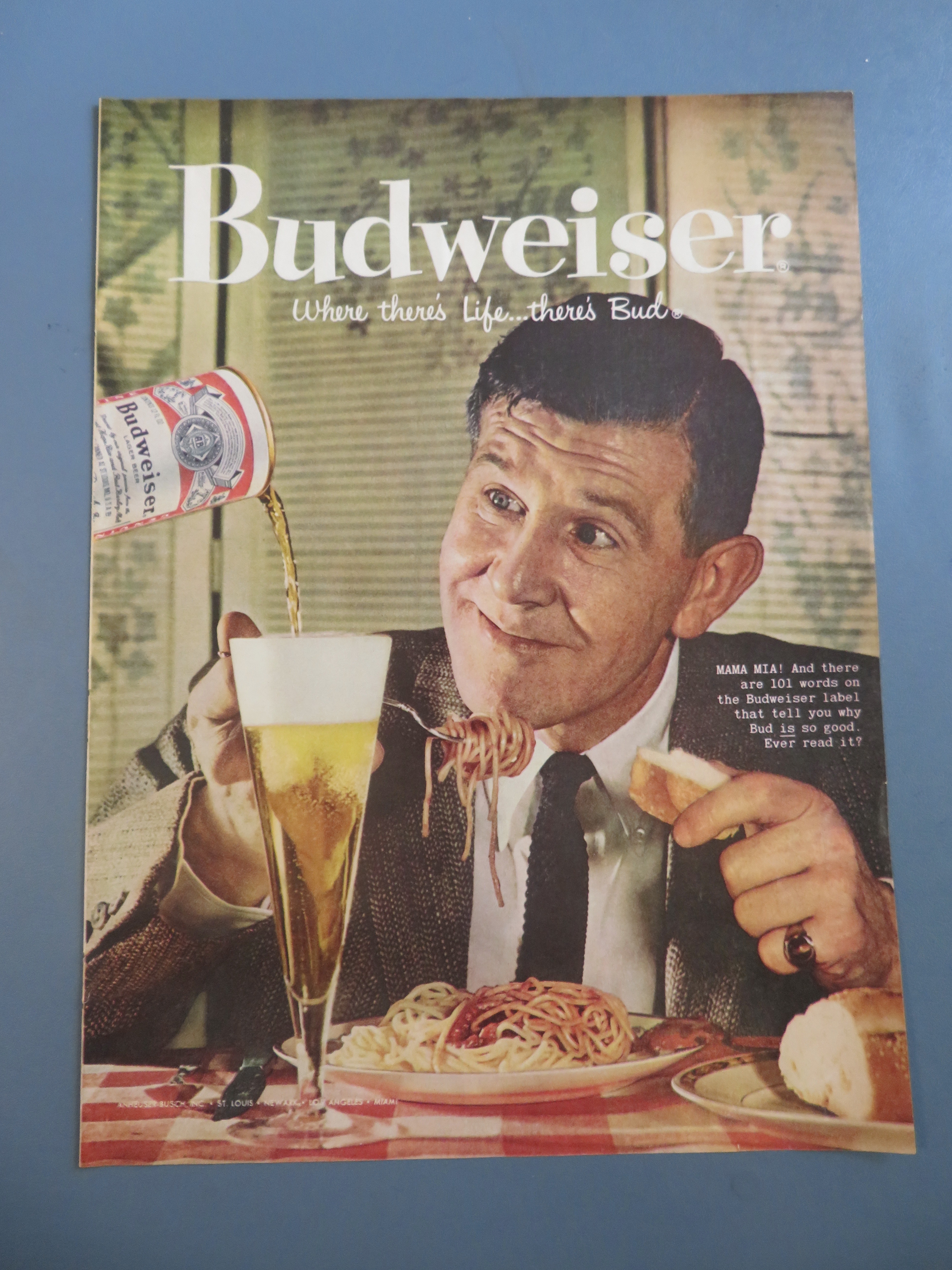 1958 Budweiser Beer with Man Having Spaghetti with Beer