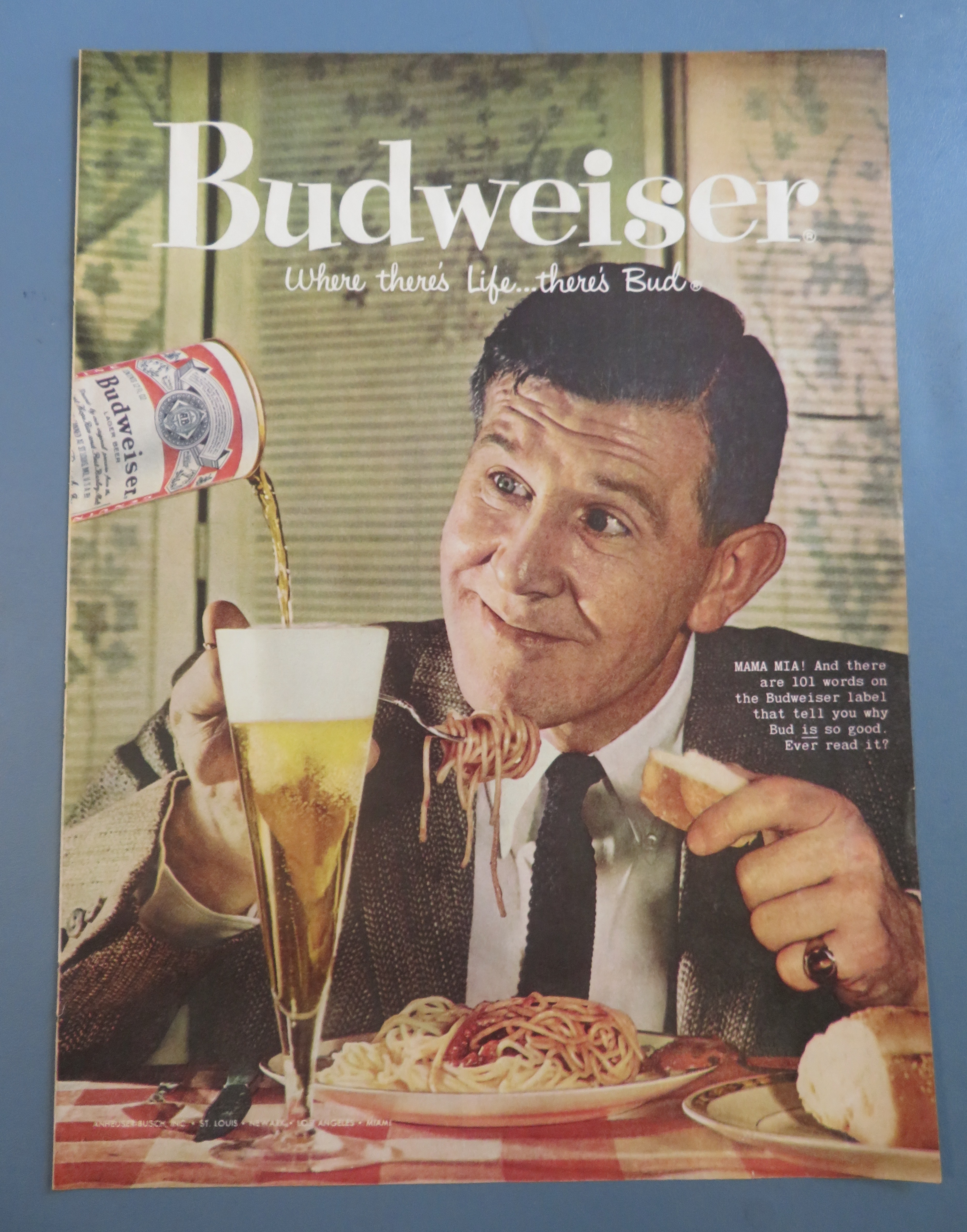 1958 Budweiser Beer with Man Having Spaghetti with Beer
