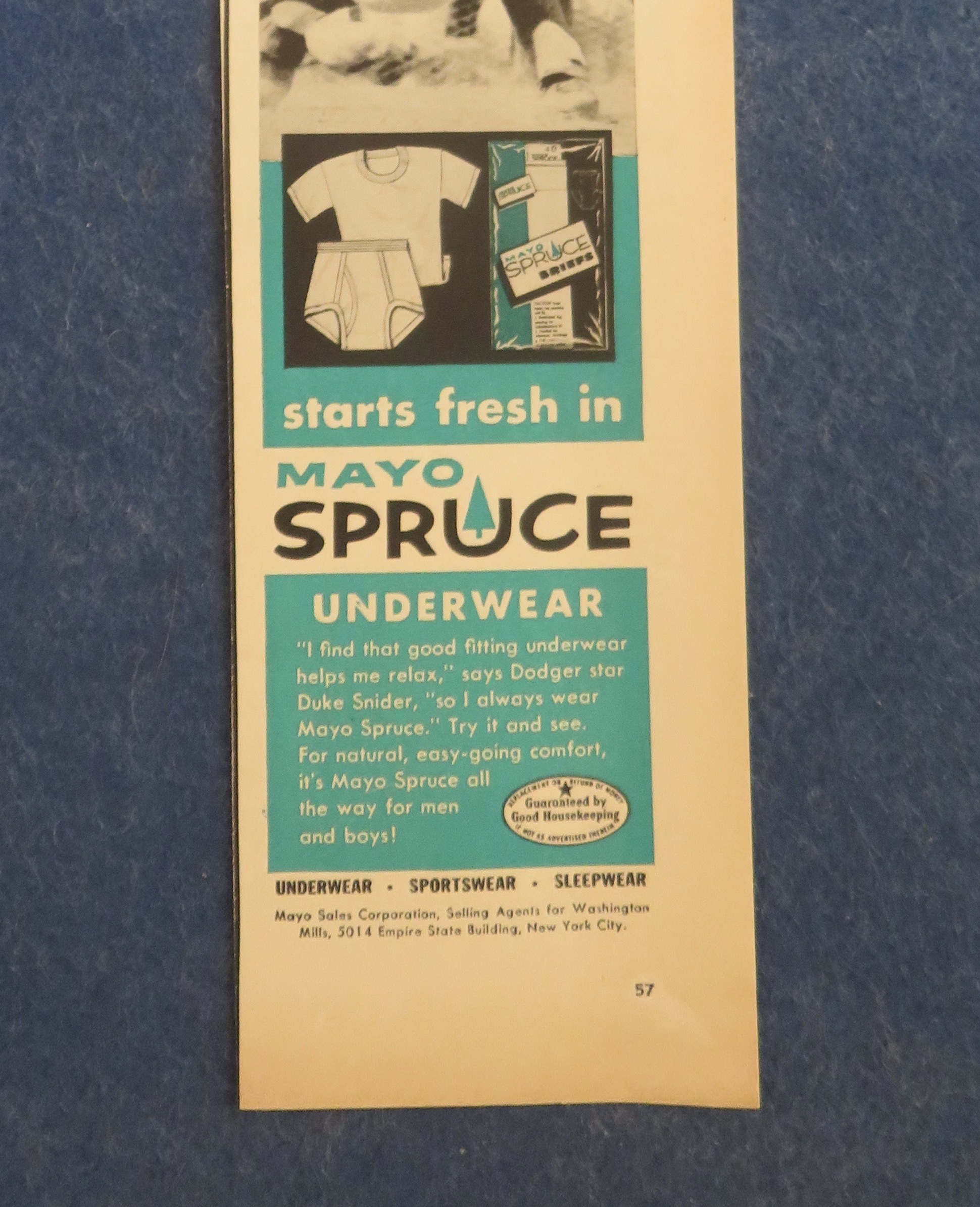 1957 Mayo Spruce Underwear with Baseball's Duke Snider