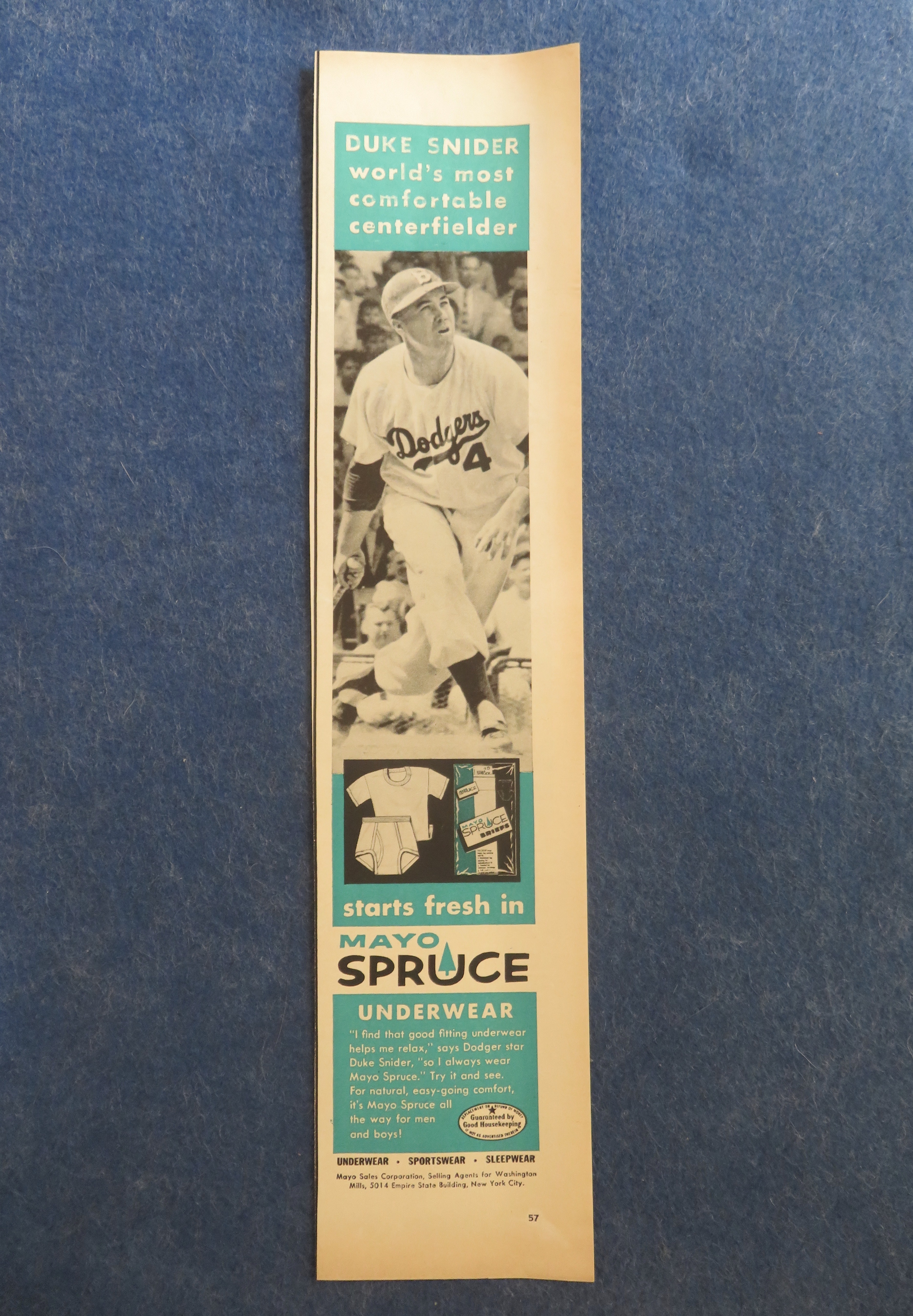 1957 Mayo Spruce Underwear with Baseball's Duke Snider