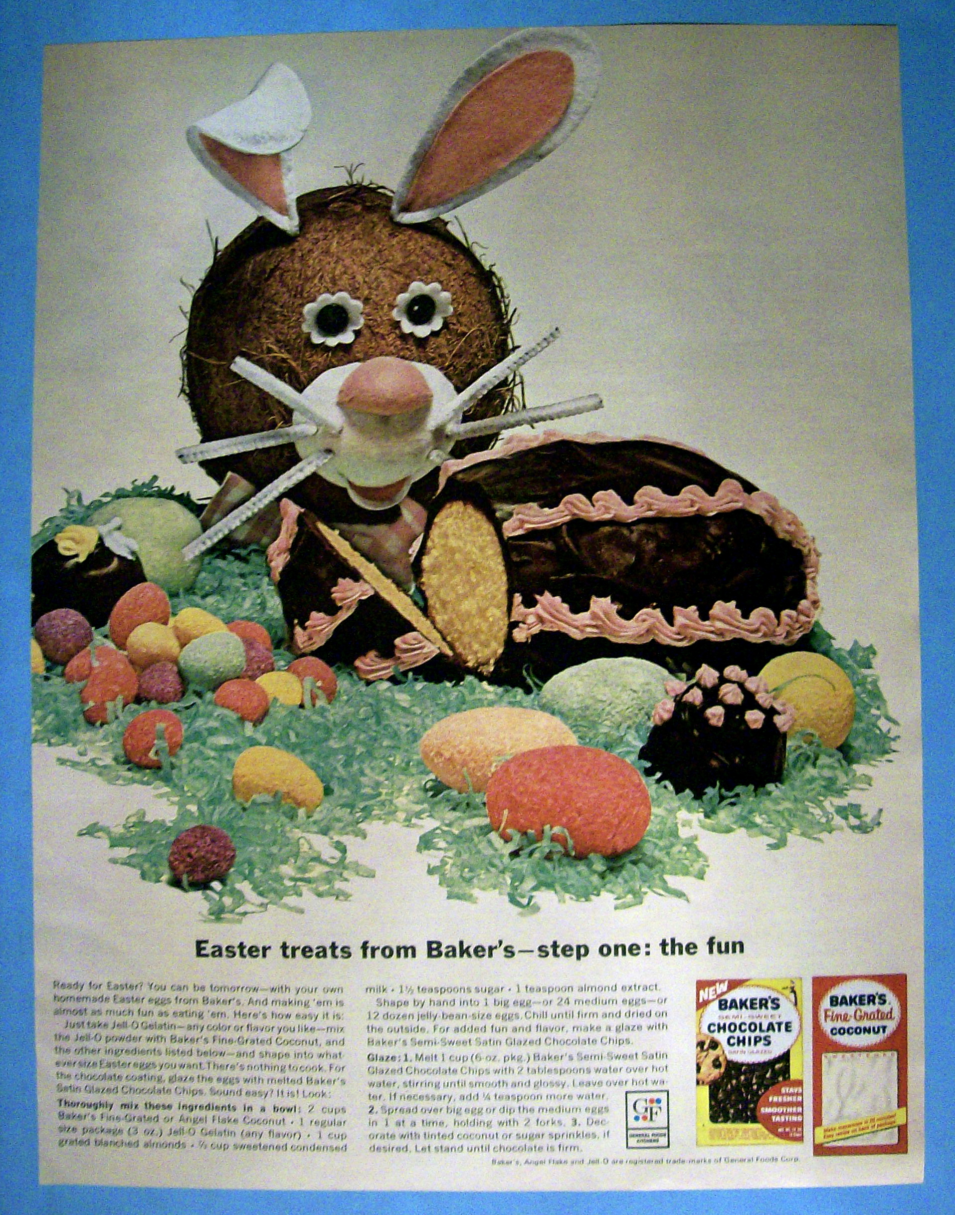 1963 Bakers Chocolate Chips & Coconut w/Egg Shaped Cake