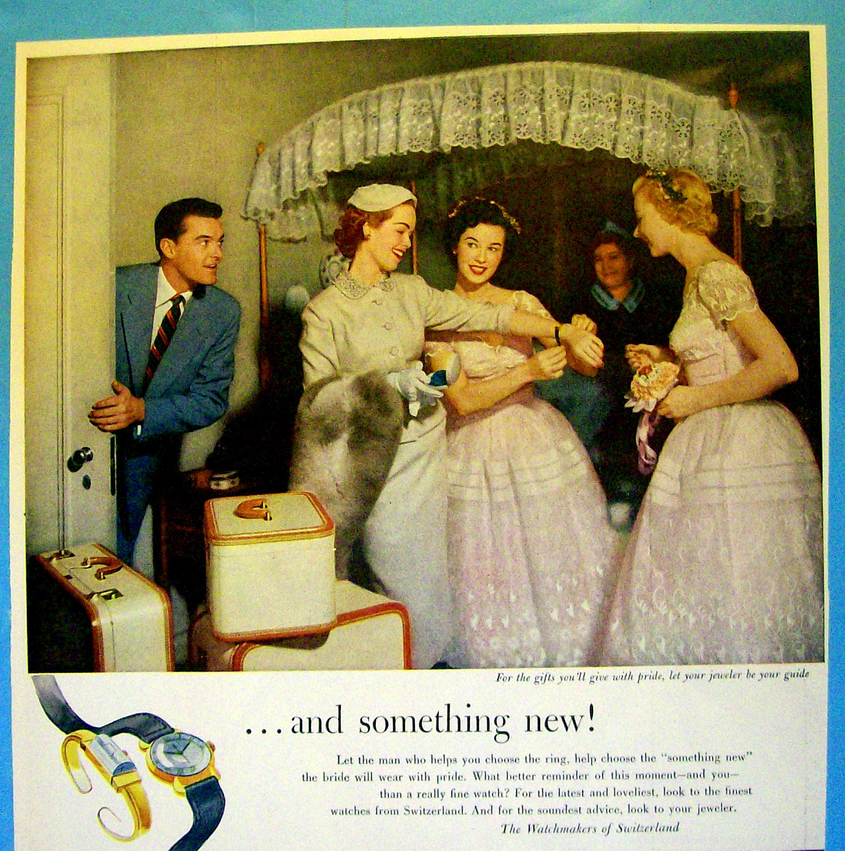 1954 Swiss Watchmakers with Women Looking at Watch