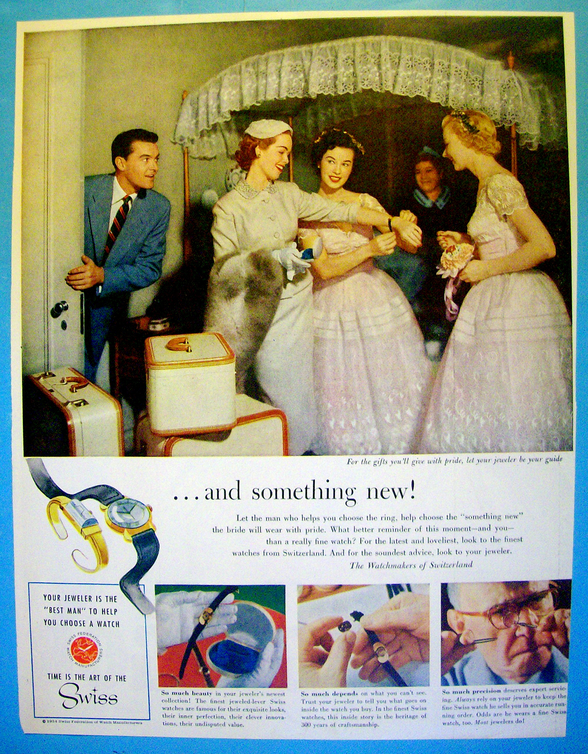 1954 Swiss Watchmakers with Women Looking at Watch