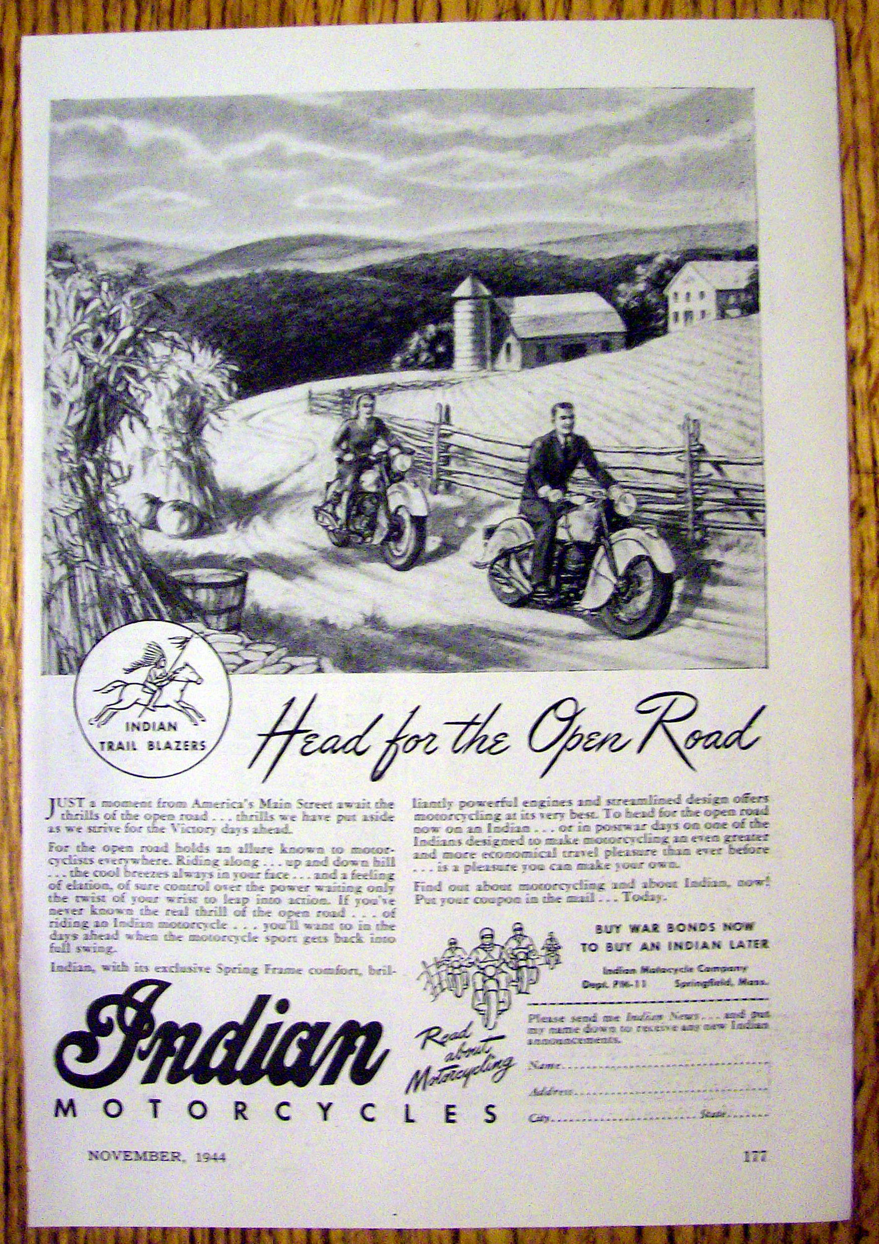 1944 Indian Motorcycle with Head For The Open Road
