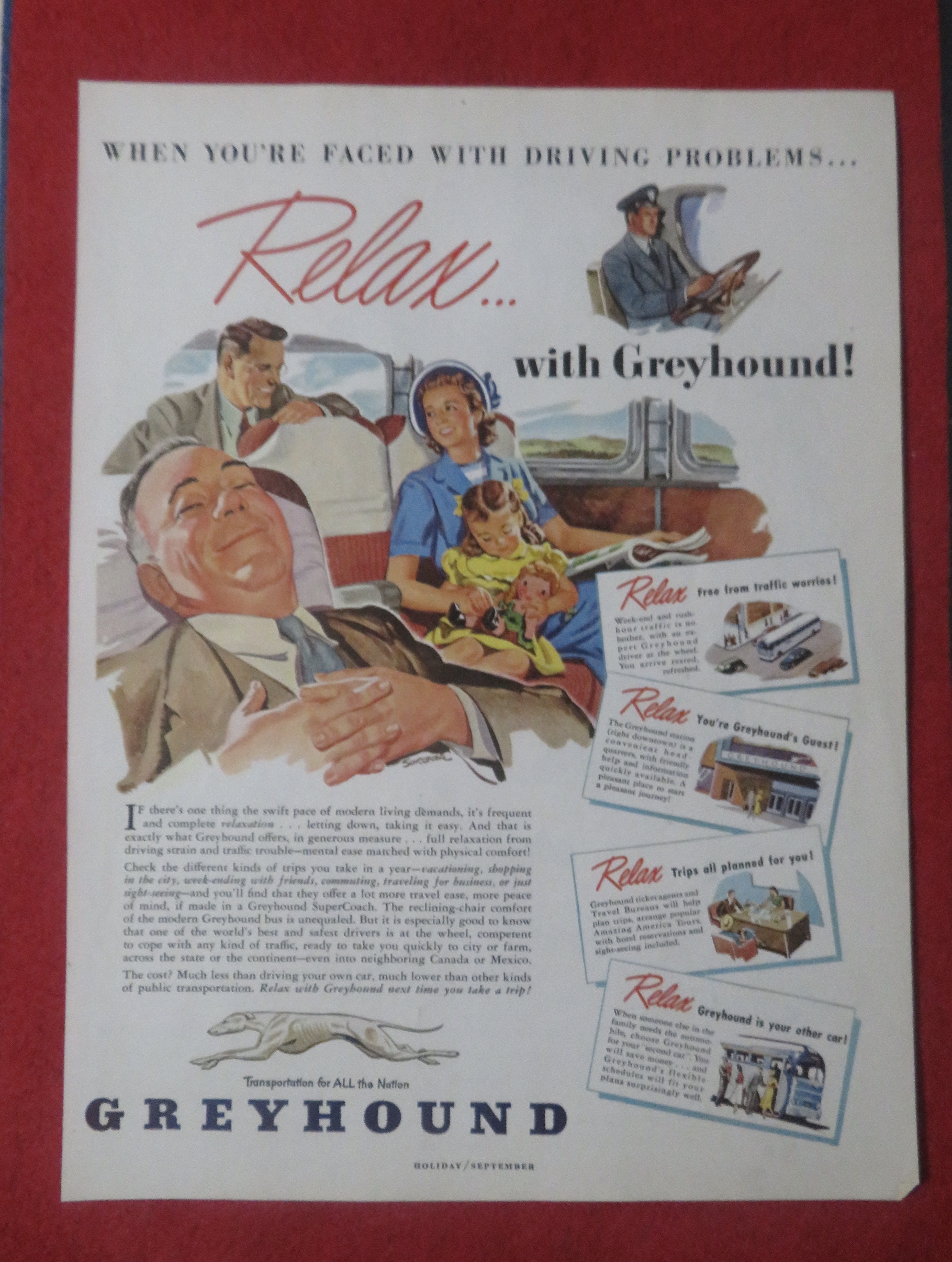 1948 Greyhound with Man Relaxing While People Talk