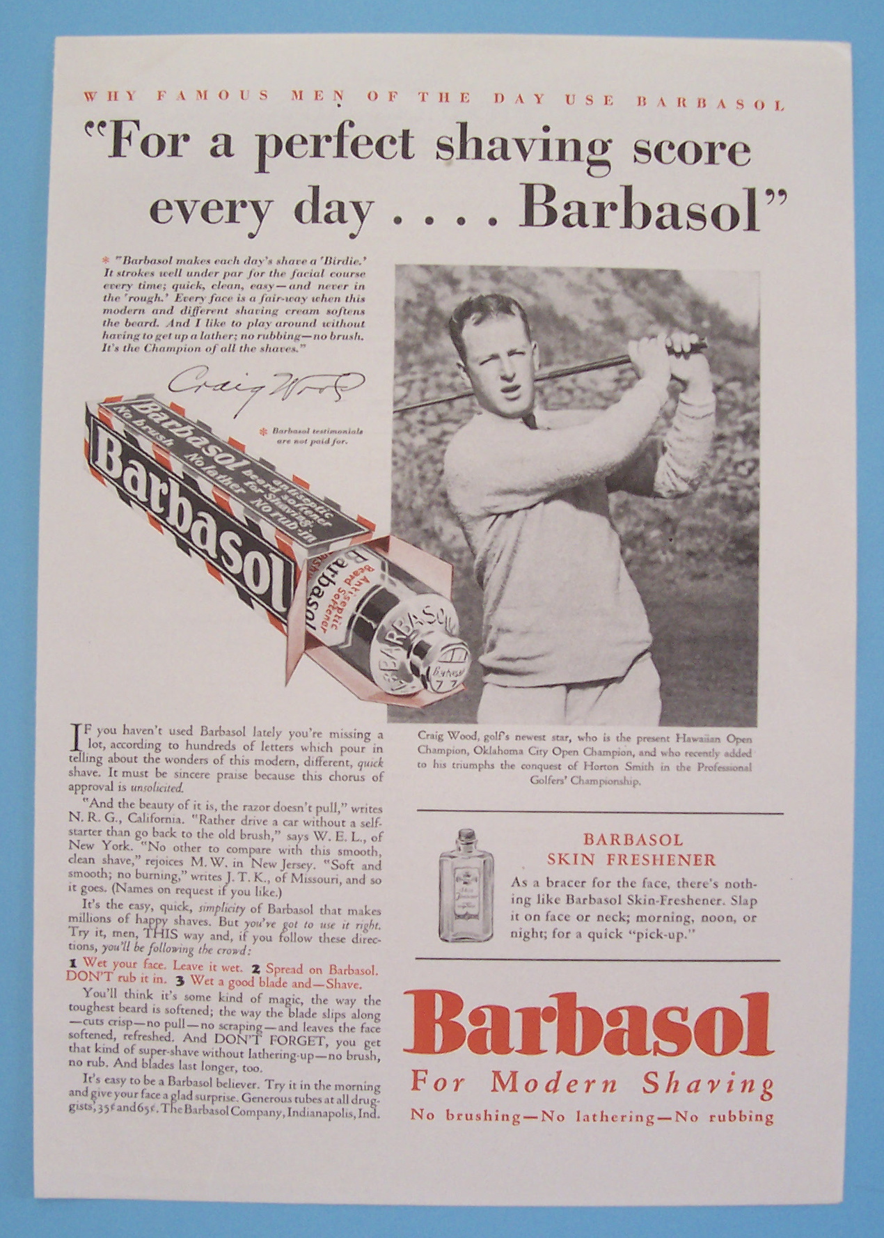 1930 Barbasol Shaving Cream with Golf's Craig Wood