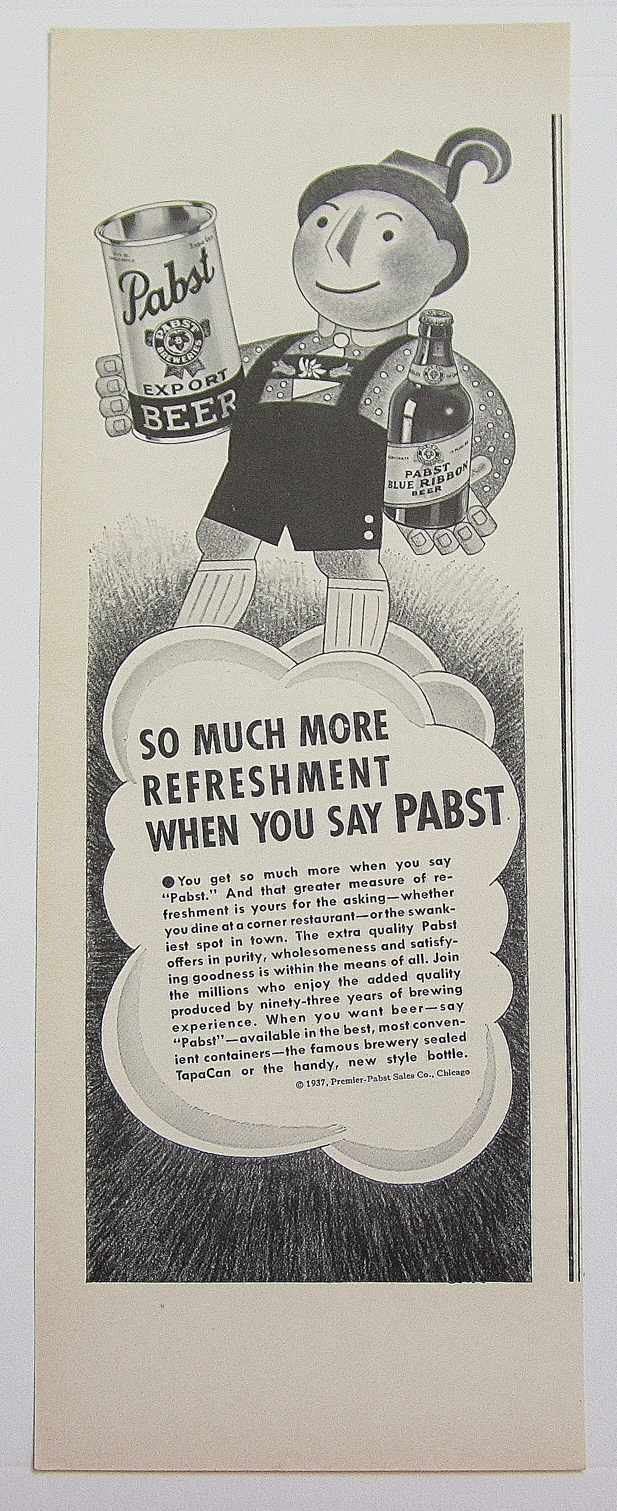 1937 Pabst Beer With Man Holding Can & Bottle of Beer