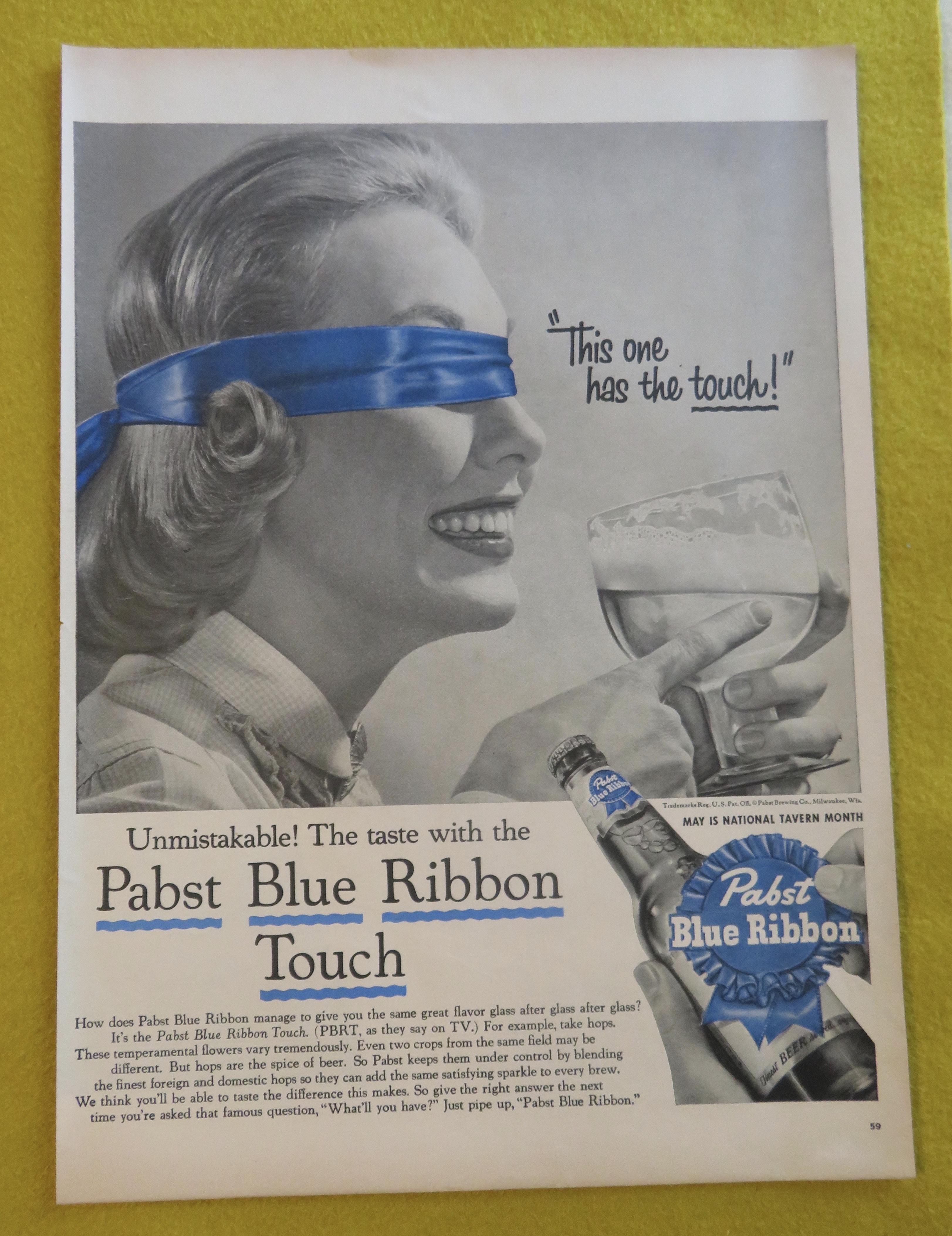 1956 Pabst Blue Ribbon Beer with Woman Blindfolded