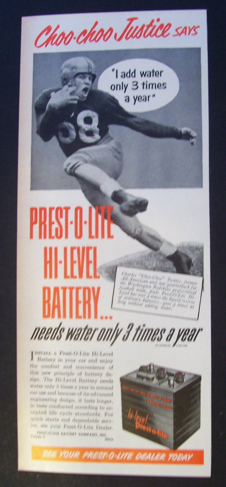 1951  Prest - O - Lite Battery with Choo - Choo Justice