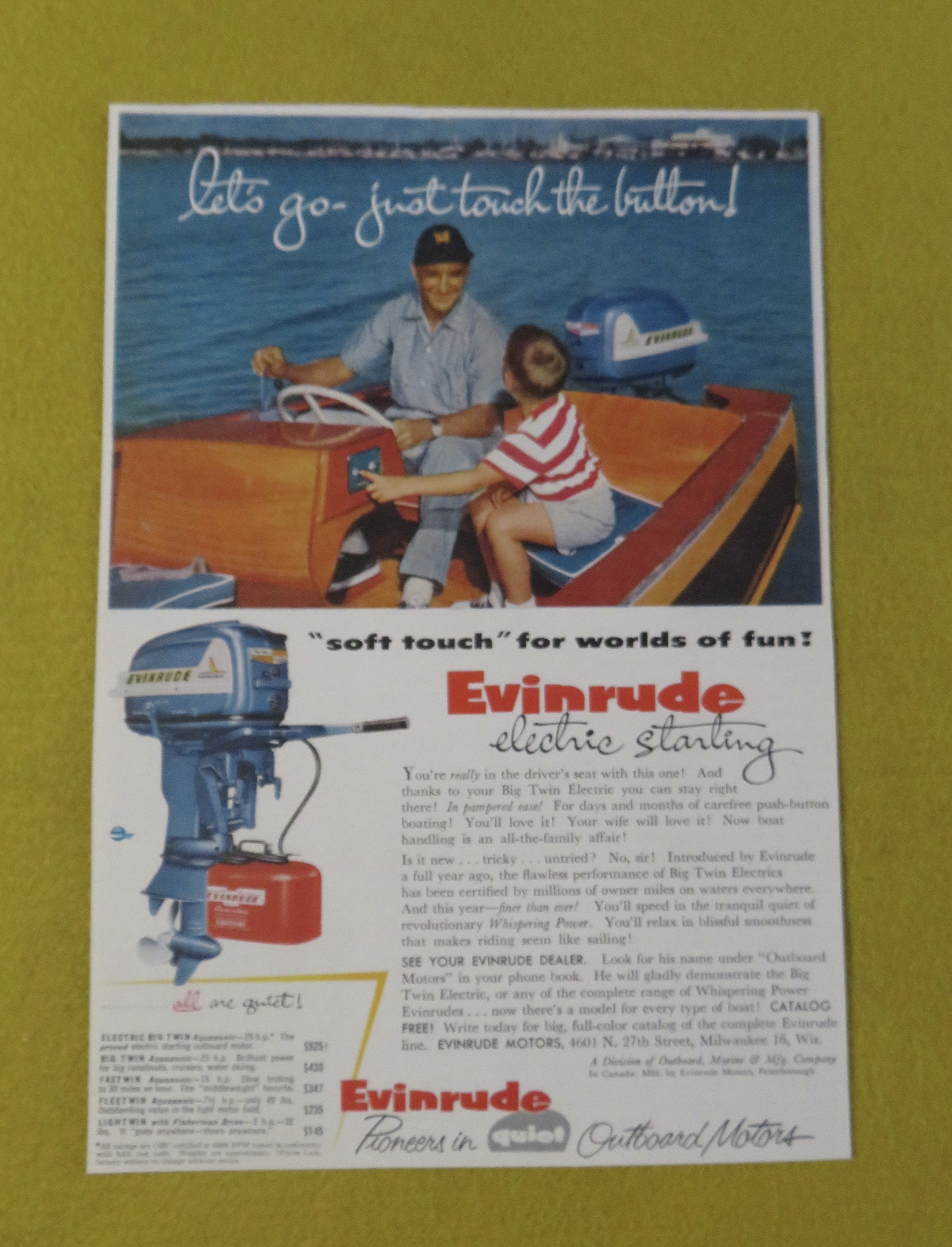 1950 Evinrude Outboard Motors with Father & Son On Boat