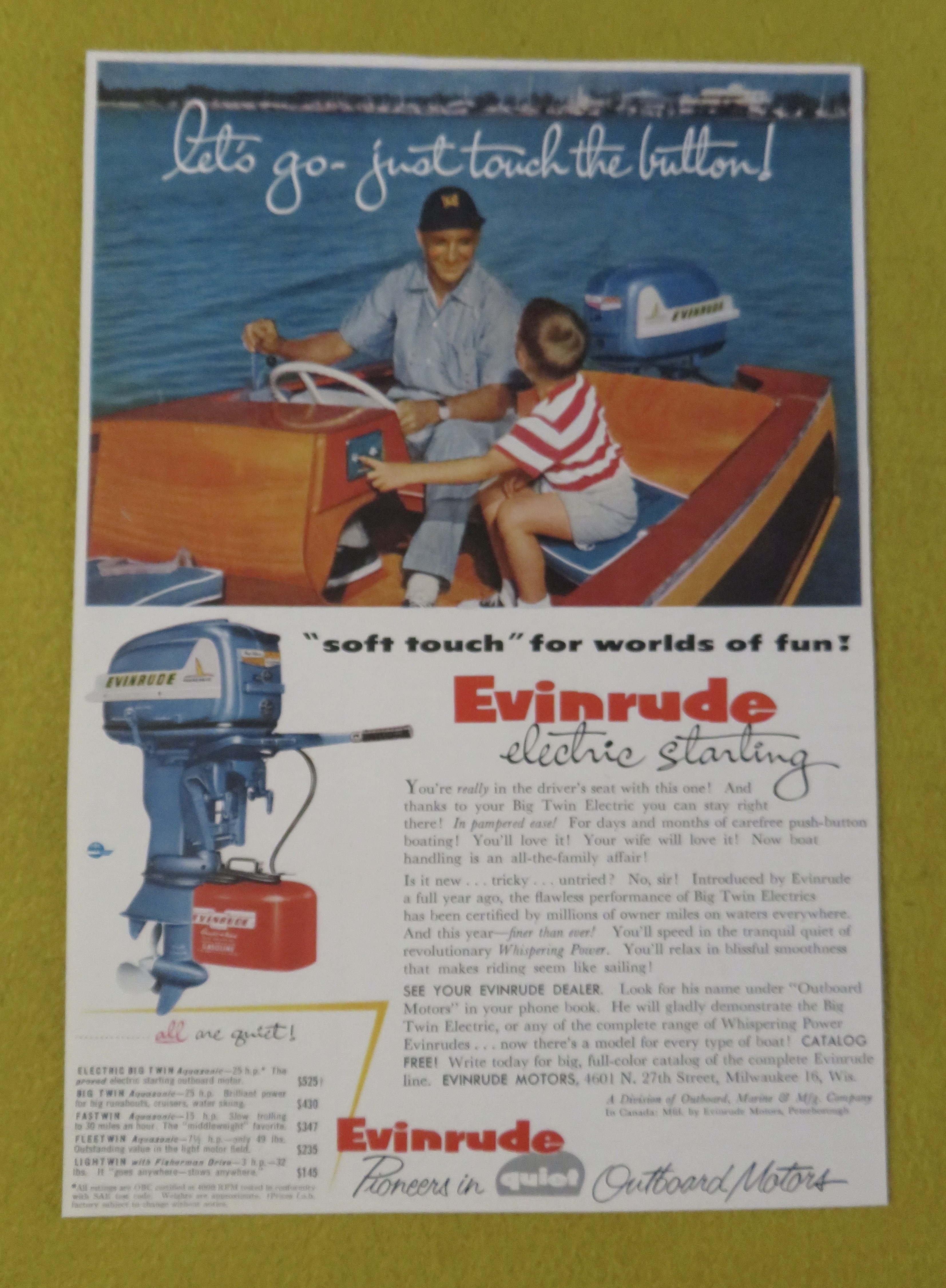 1950 Evinrude Outboard Motors with Father & Son On Boat