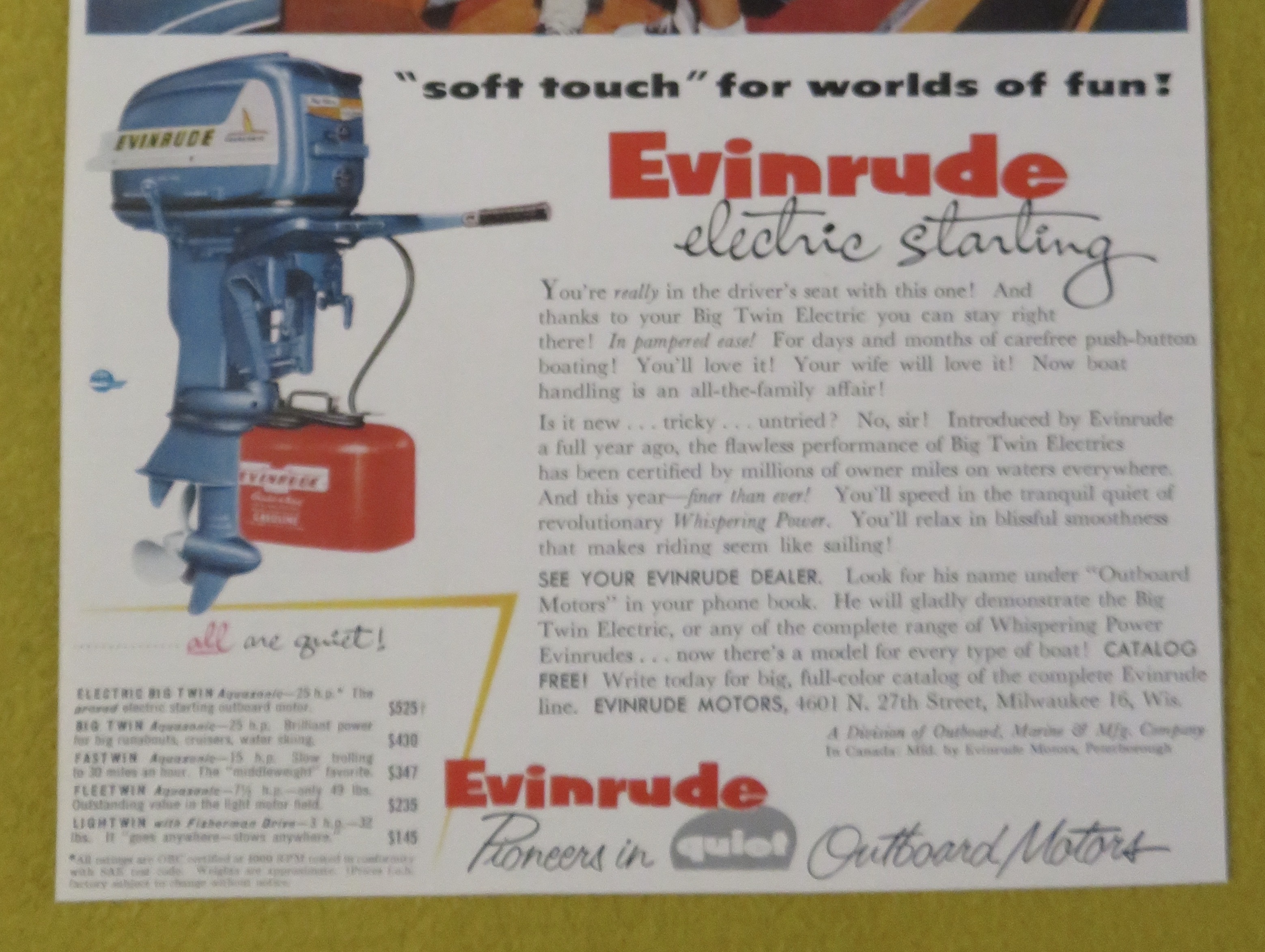 1950 Evinrude Outboard Motors with Father & Son On Boat