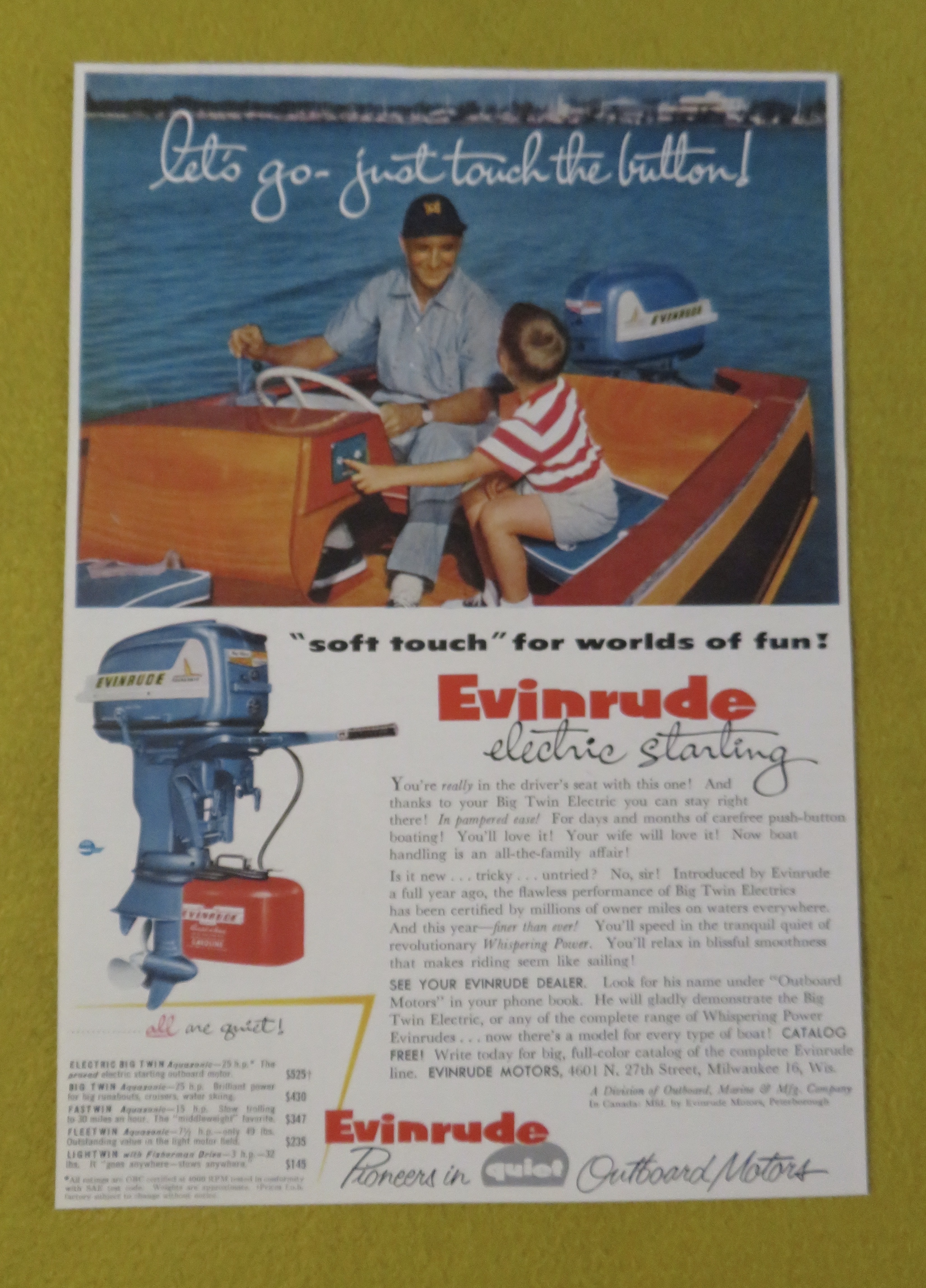 1950 Evinrude Outboard Motors with Father & Son On Boat