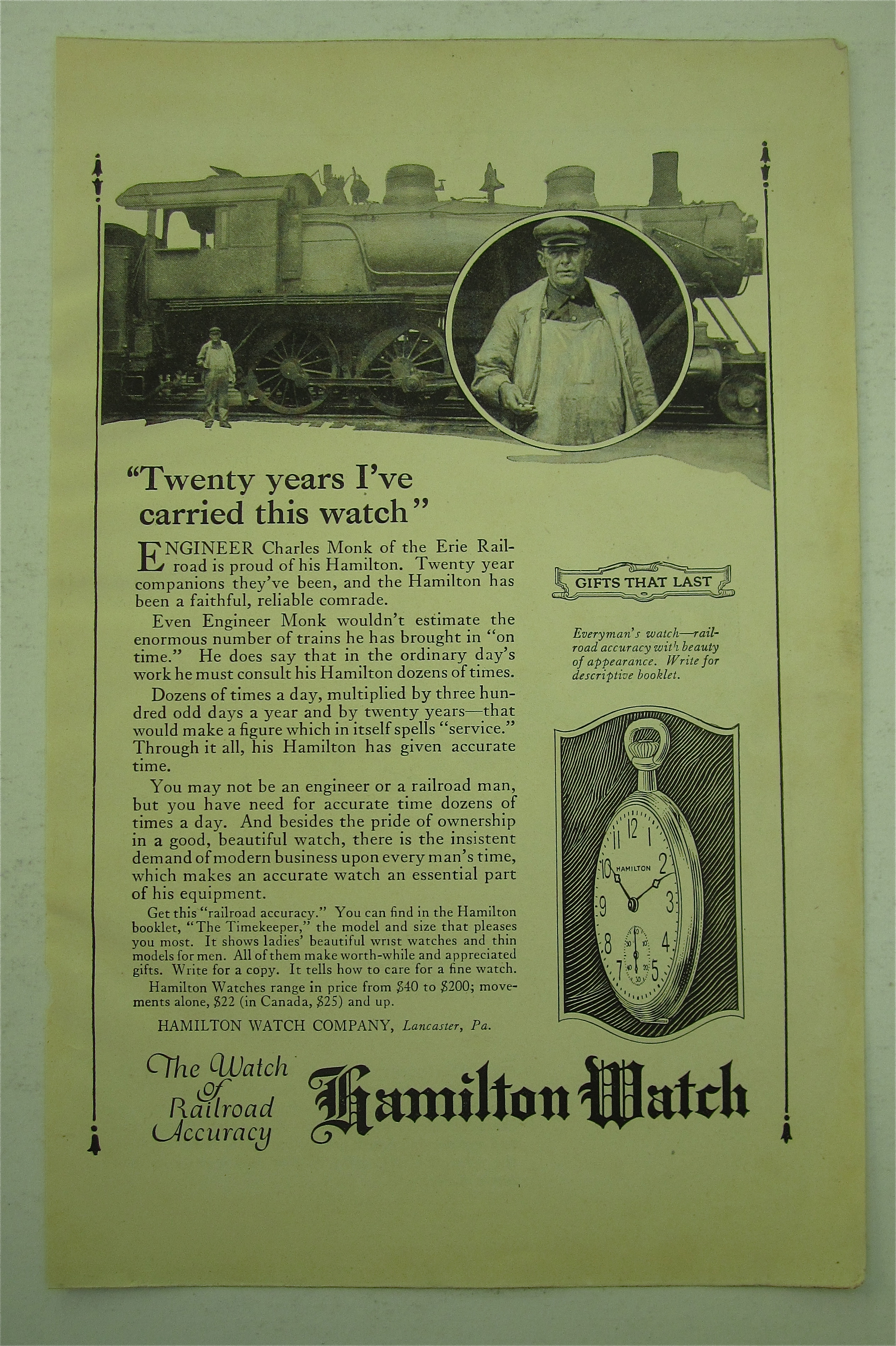1922 Hamilton Watch with Engineer Charles Monk