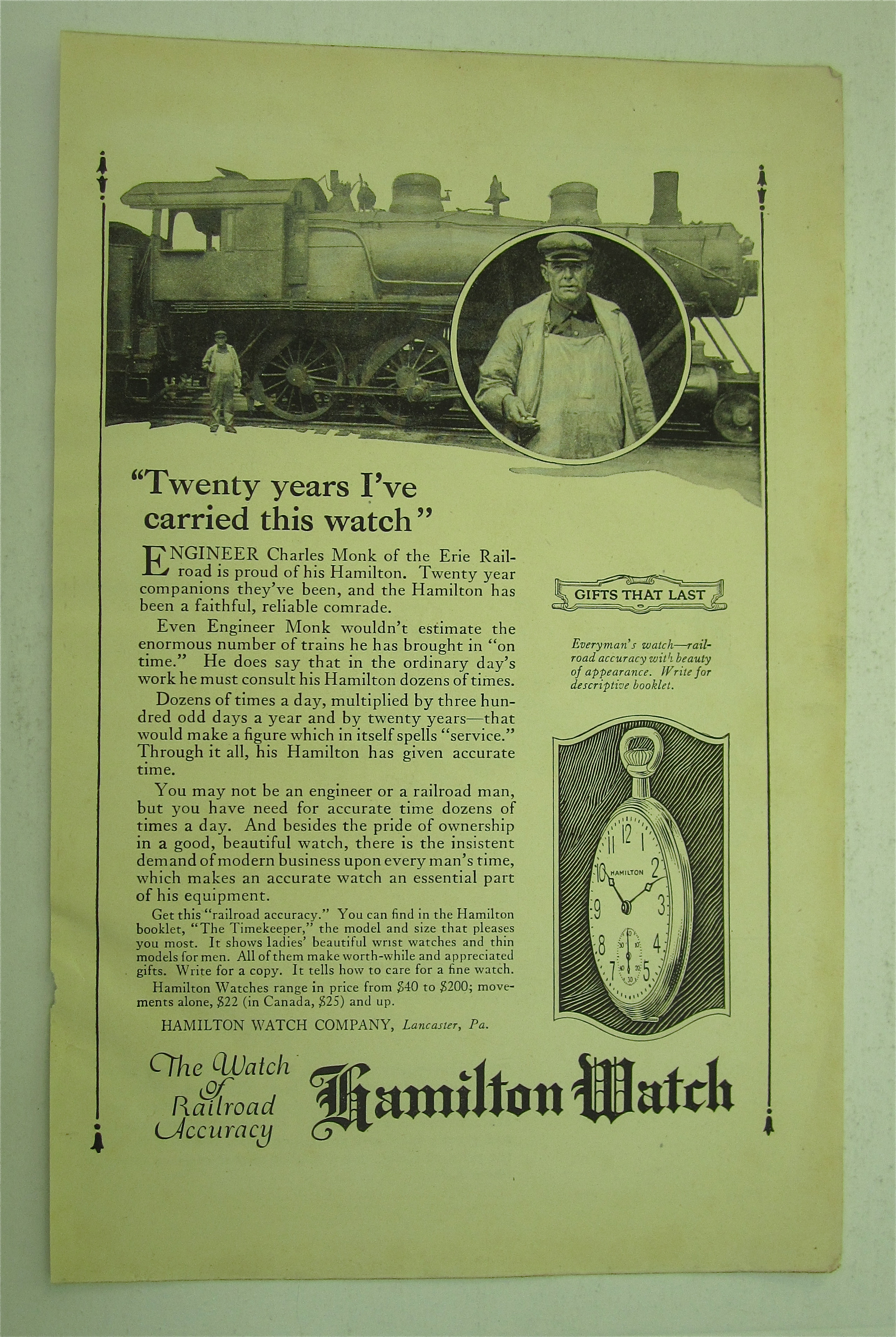 1922 Hamilton Watch with Engineer Charles Monk