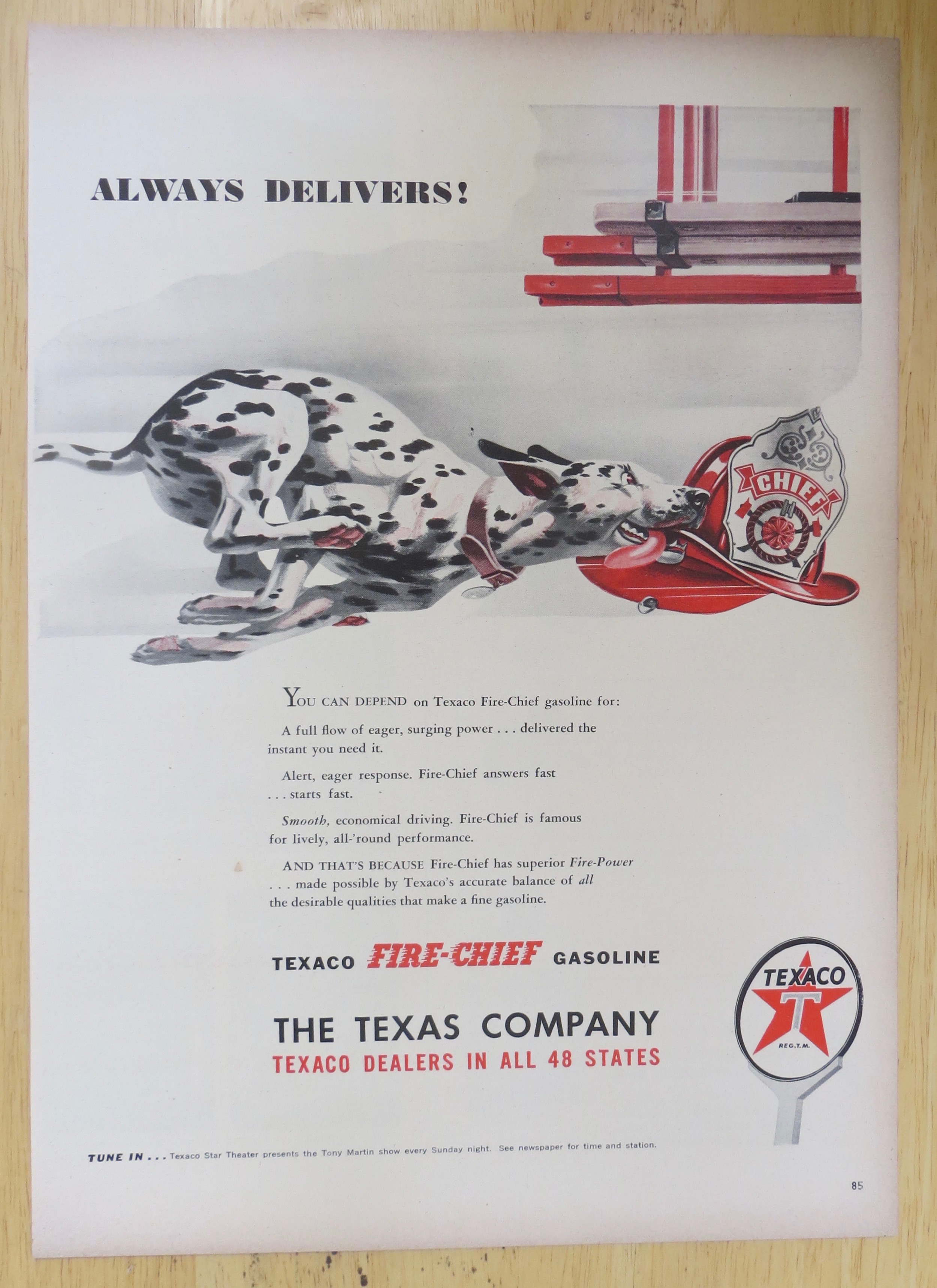 1947 Texaco Fire Chief Gasoline with Dalmatian Running