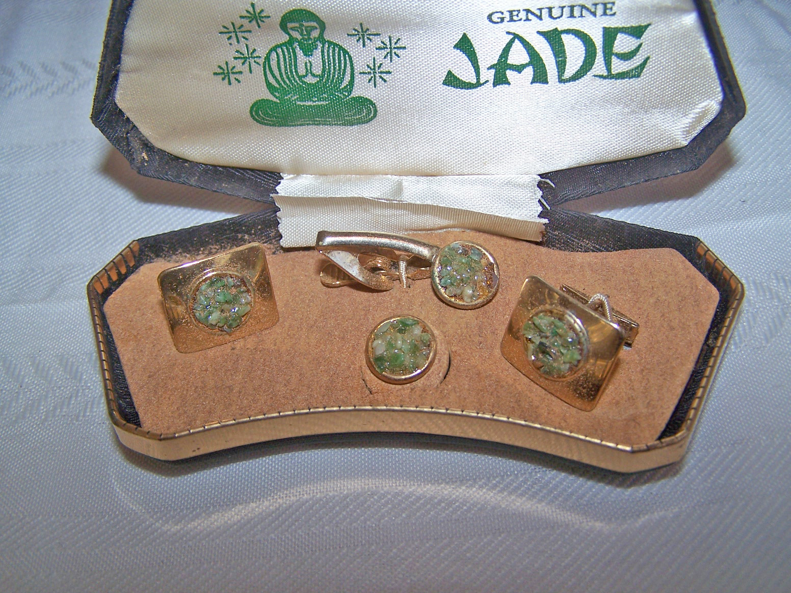 Genuine Jade Cuff Links, Tie Bar & Tie Tac in Original