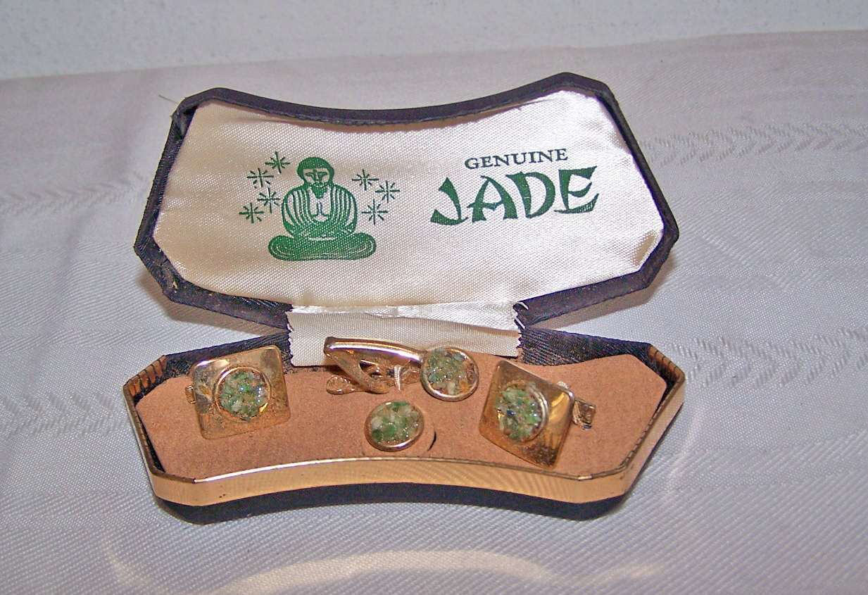 Genuine Jade Cuff Links, Tie Bar & Tie Tac in Original