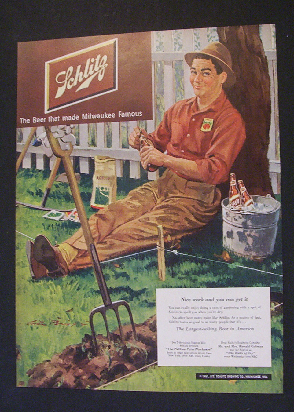 1951 Schlitz Beer w/ Man Taking a Break From Gardening