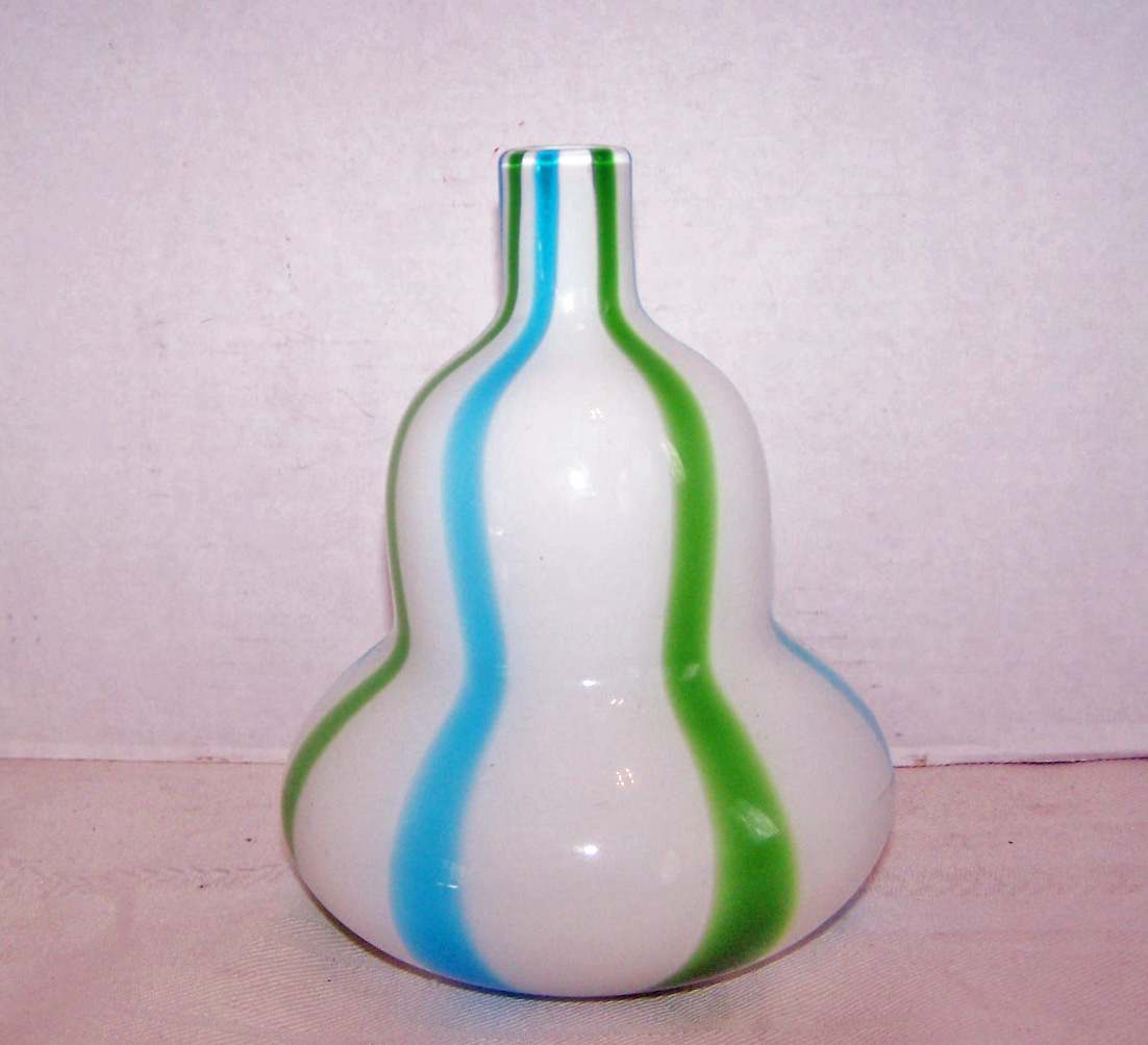 Turquoise Stripes on White Milk Glass Art Glass Bottle