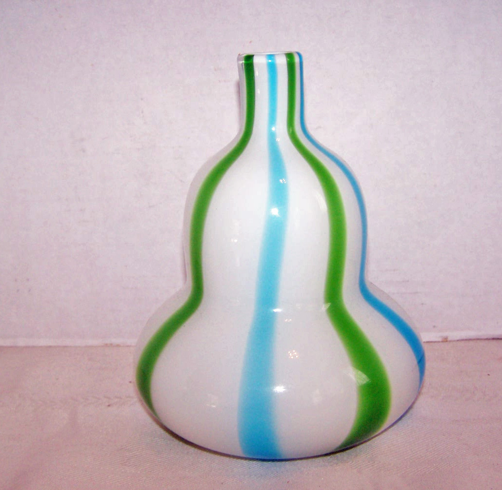 Turquoise Stripes on White Milk Glass Art Glass Bottle