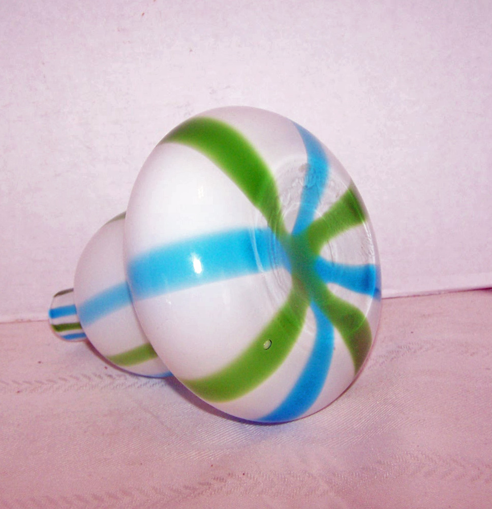 Turquoise Stripes on White Milk Glass Art Glass Bottle
