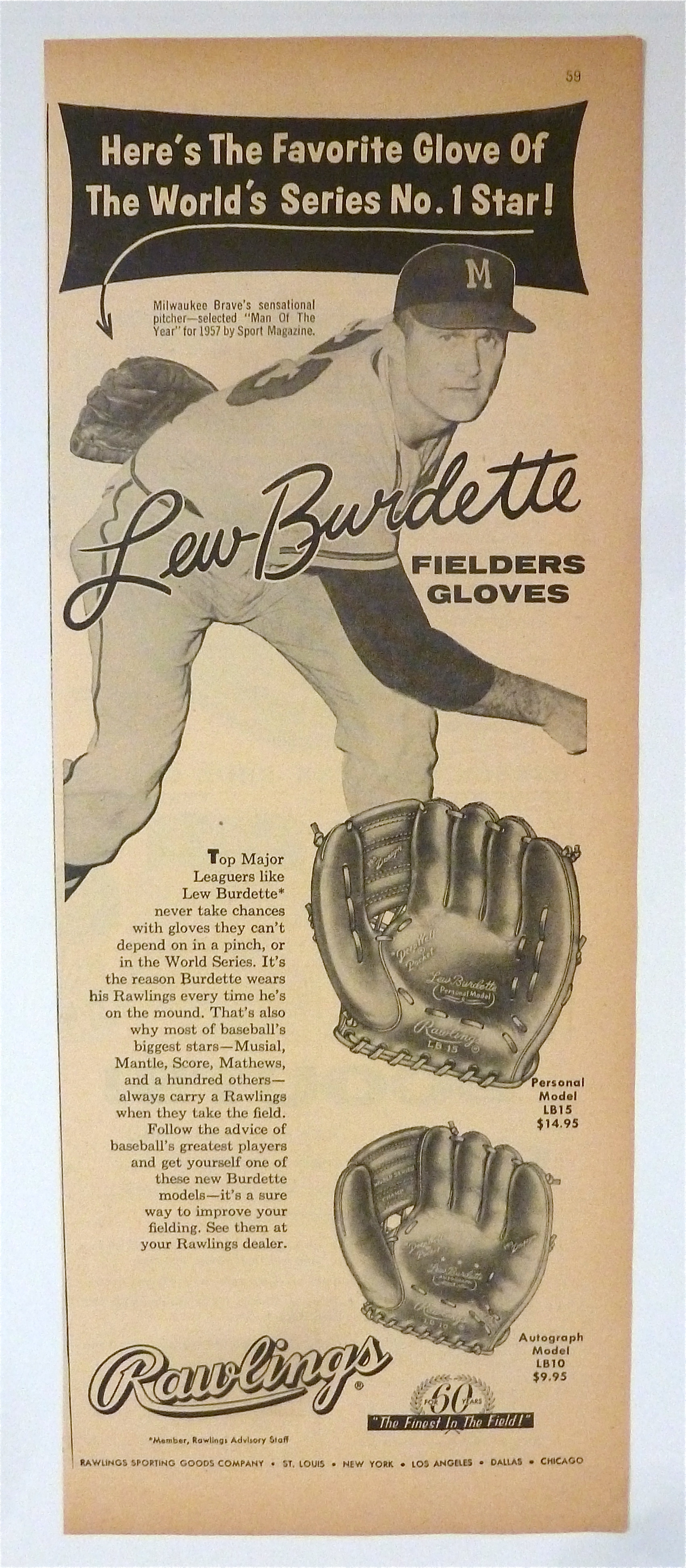 1958 Rawlings Fielders Glove with Lew Burdette