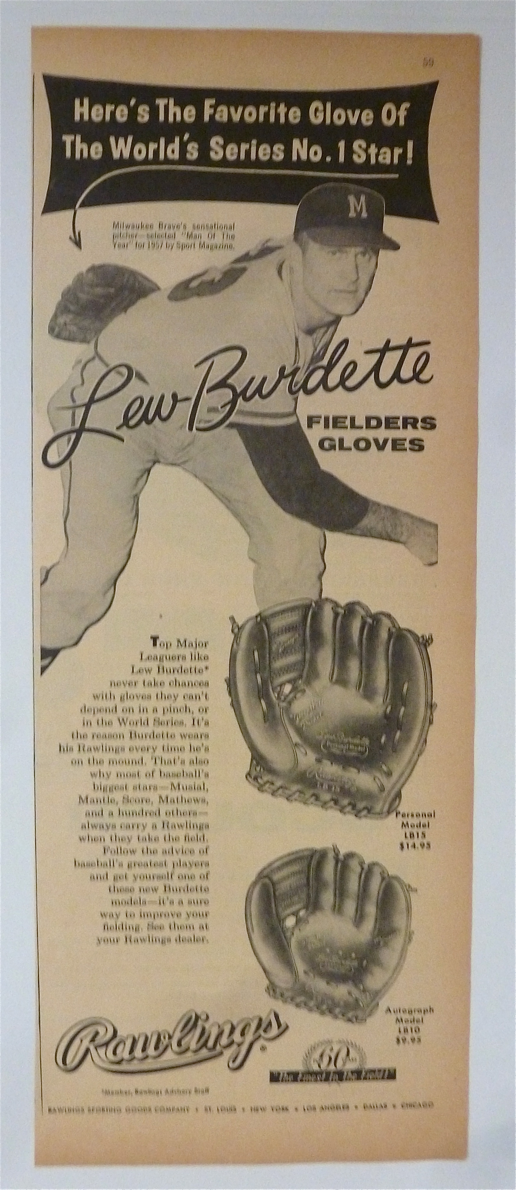 1958 Rawlings Fielders Glove with Lew Burdette