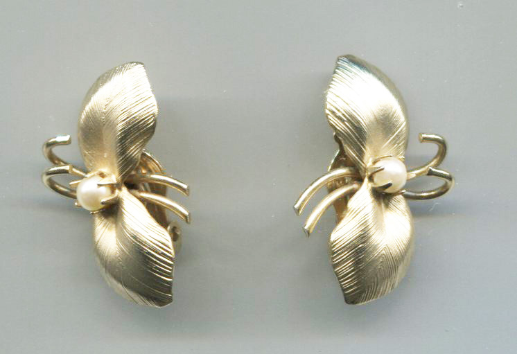 Gold Butterfly W/Faux Pearl Center Clip-Back Earrings