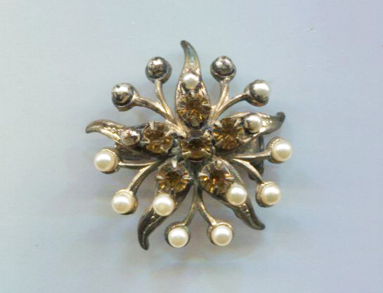 Amber Rhinestones & Faux Pearls Pin