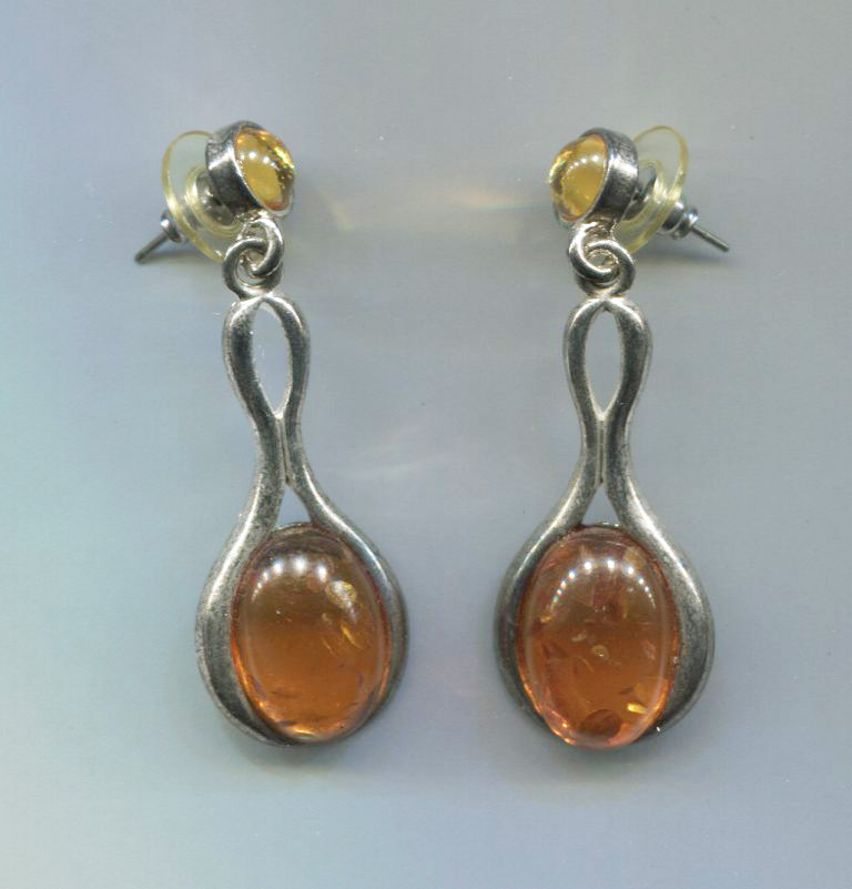 Amber Plastic Drop & Post, Silver Tone Pierced Earrings