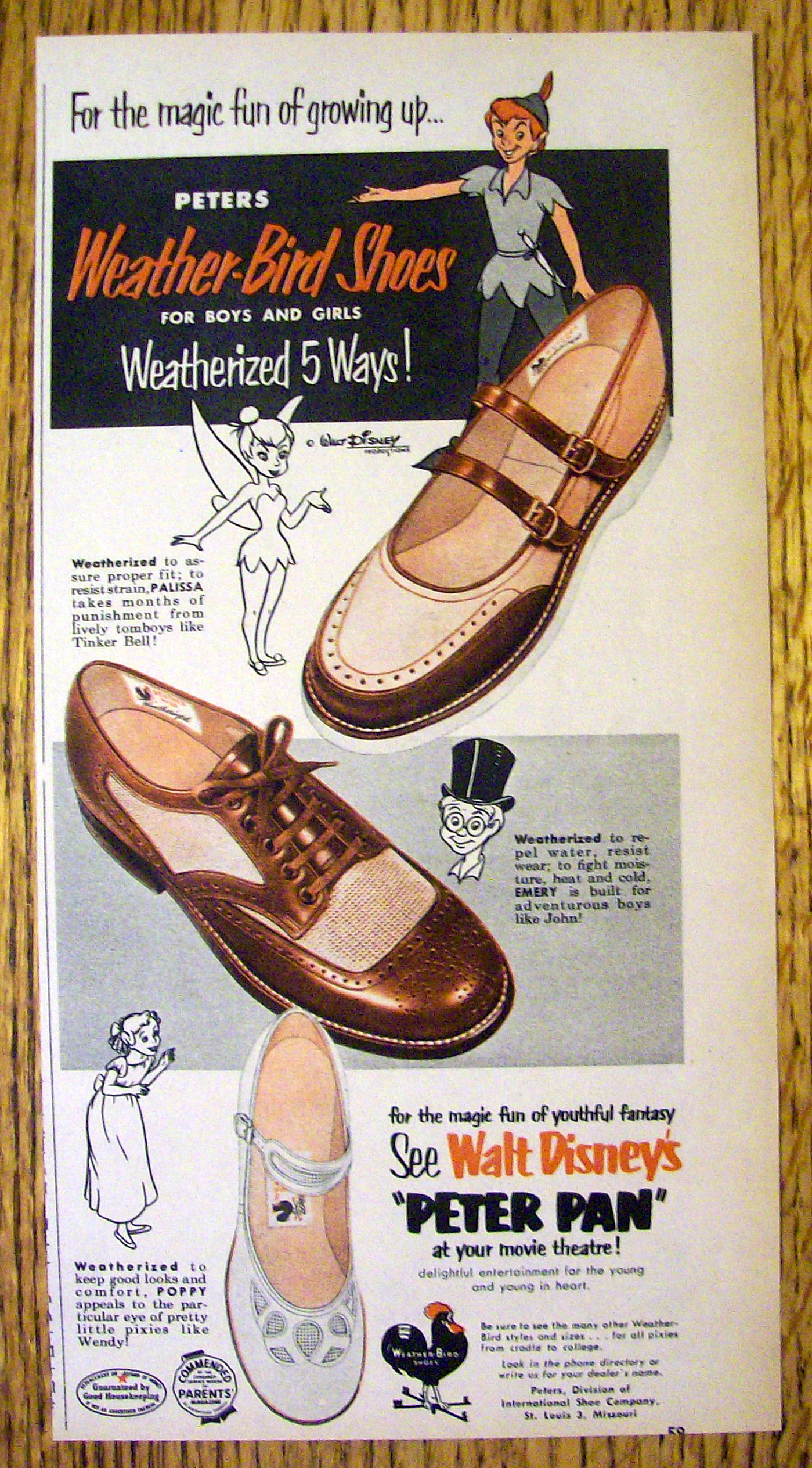 Vintage Ad: 1953 Peters Weather Bird Shoes w/ Peter Pan