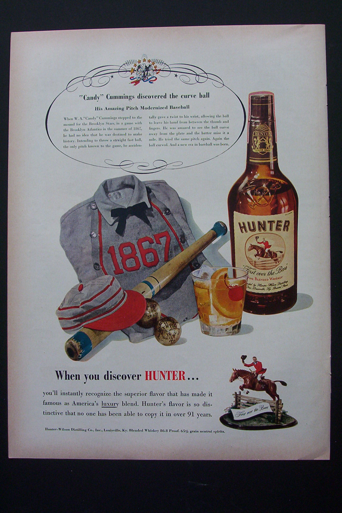 1951 Hunter Whiskey with Baseball Uniform, Bat & Ball