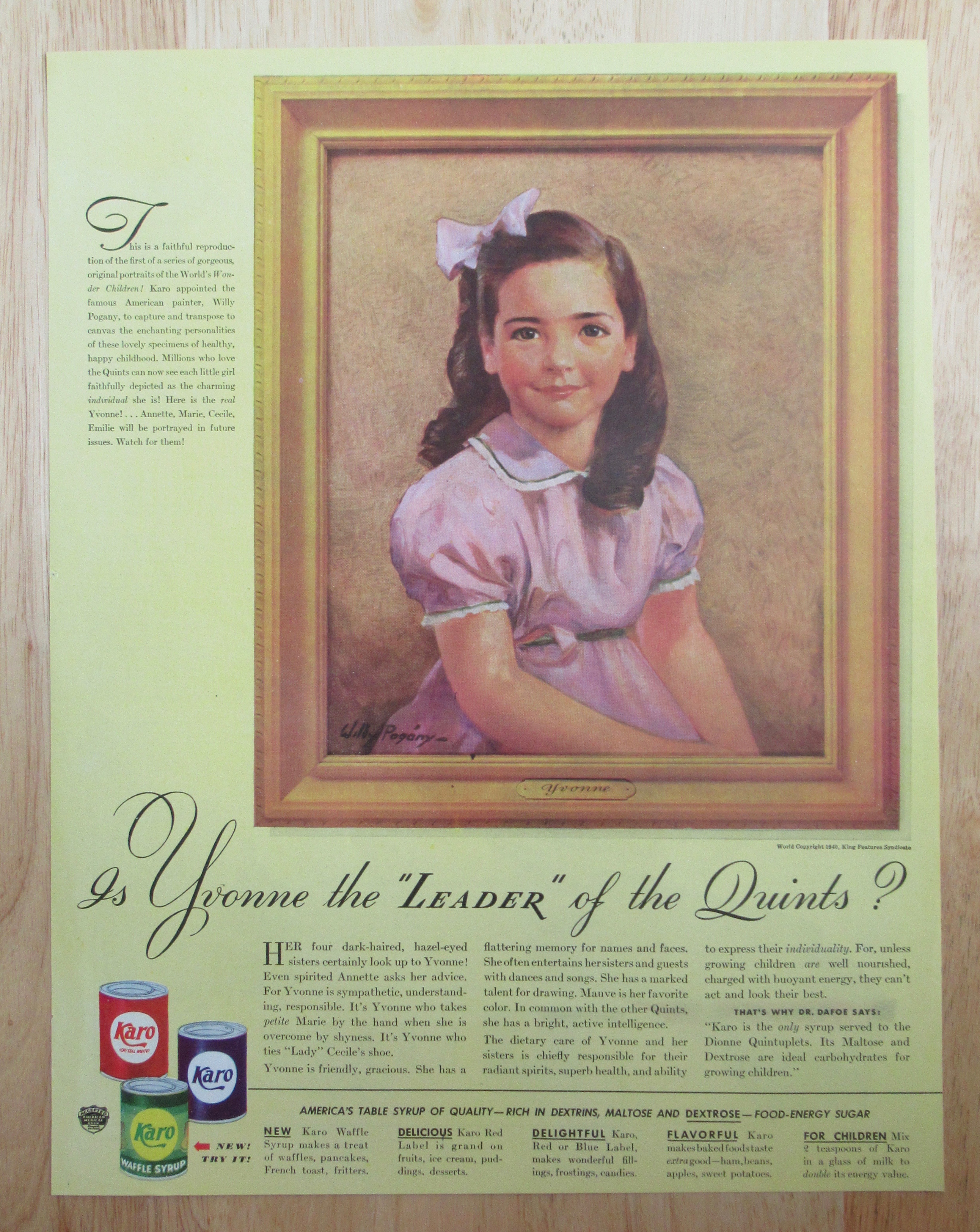 1940 Karo Syrup with Yvonne (One of Dionne Quintuplets)