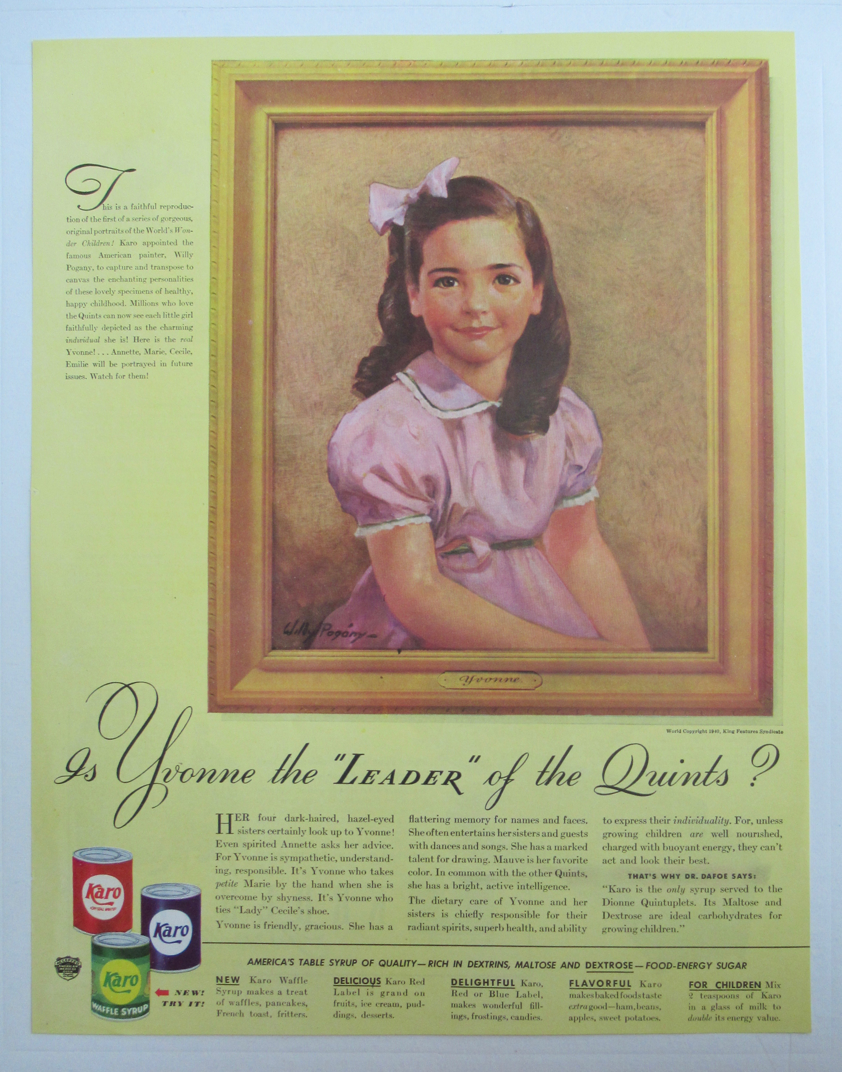 1940 Karo Syrup with Yvonne (One of Dionne Quintuplets)
