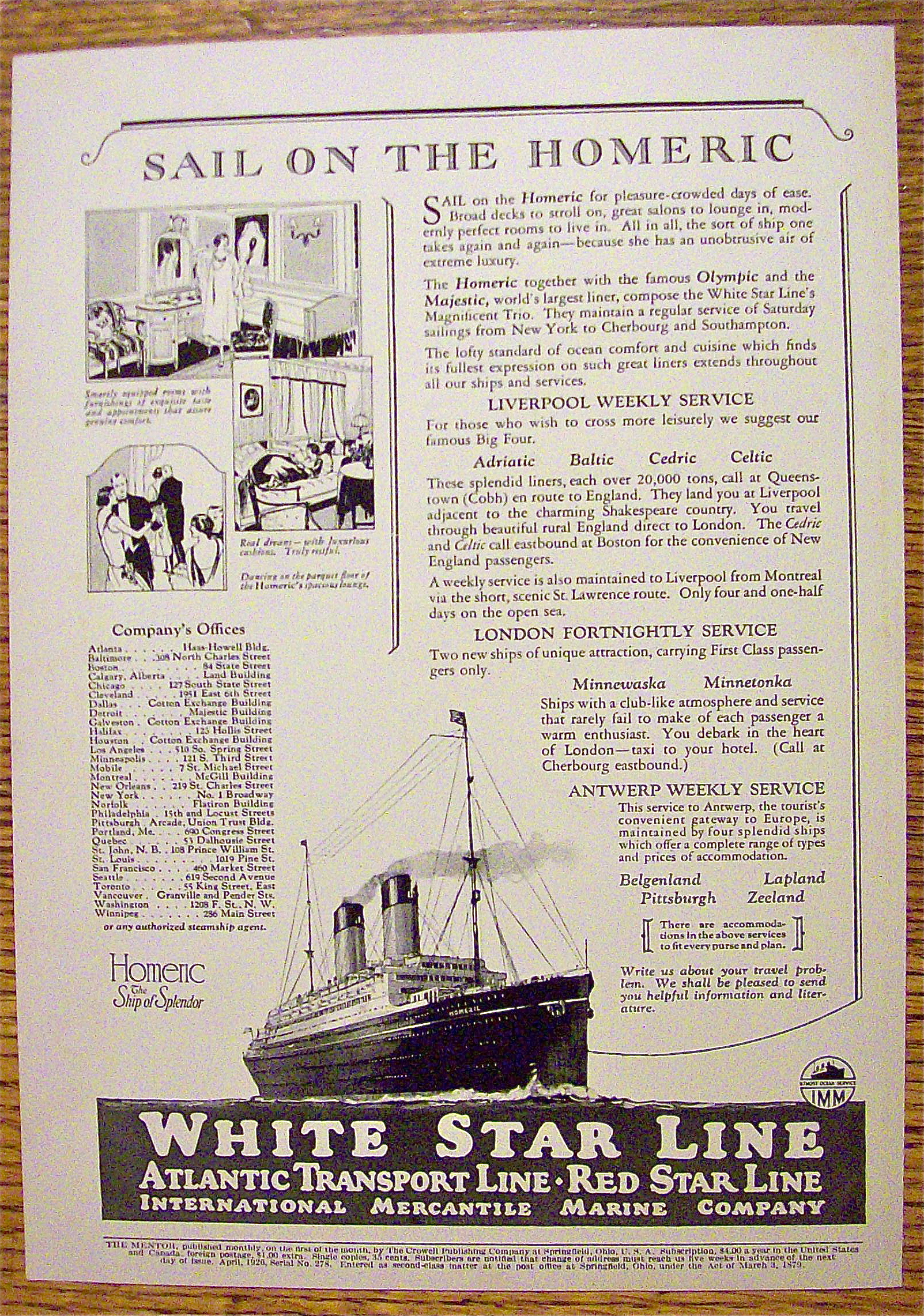 1926 White Star Line with Sail on the Homeric