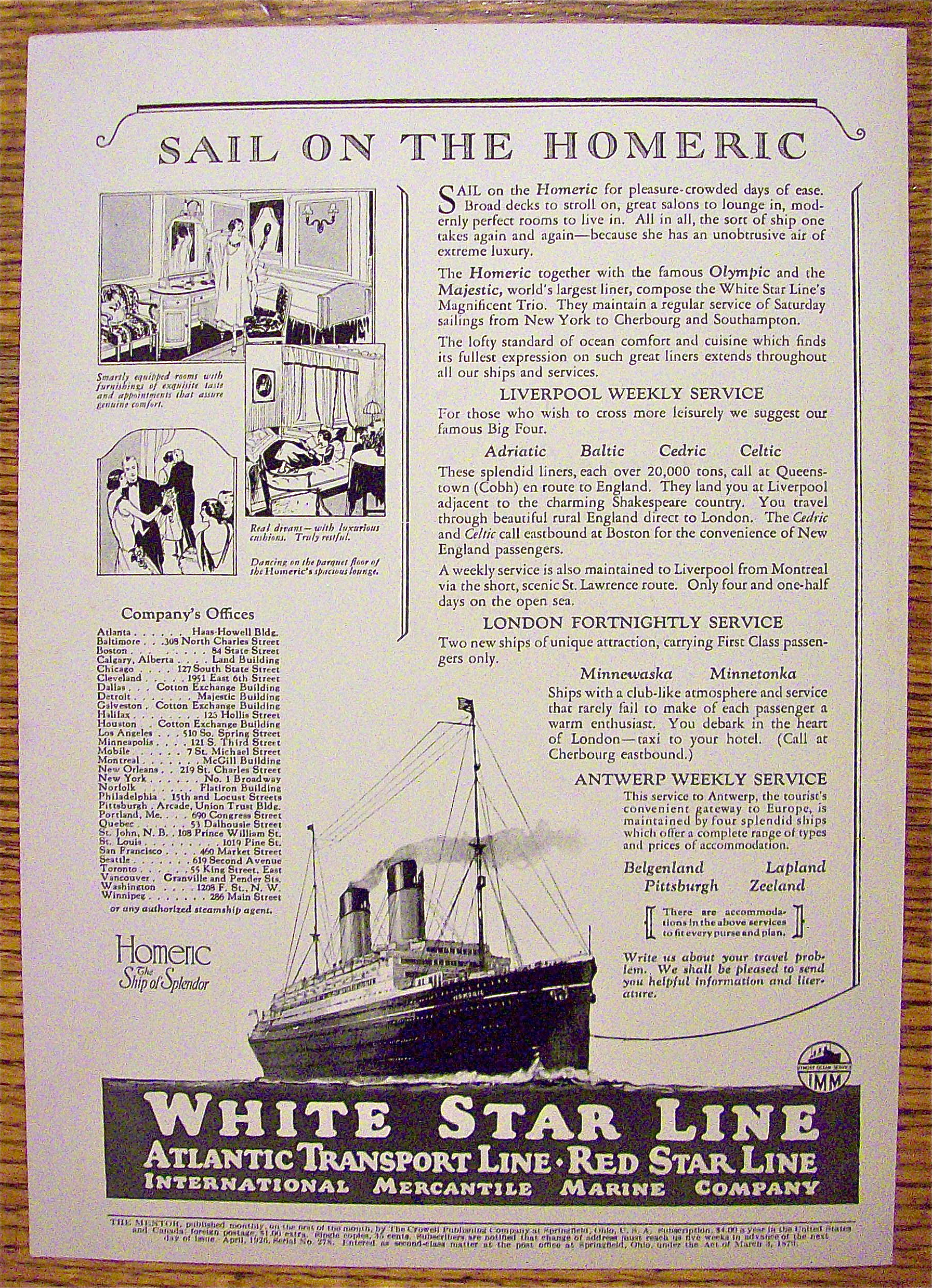 1926 White Star Line with Sail on the Homeric