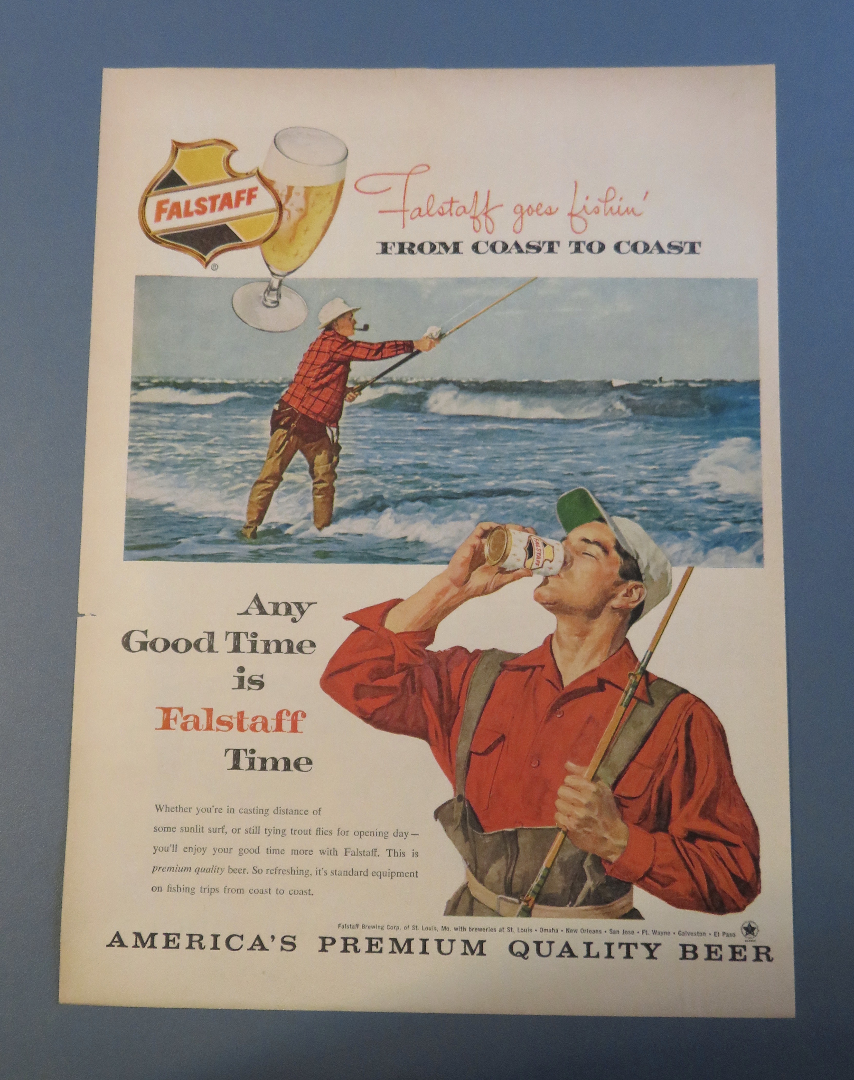 1960 Falstaff Beer with Man Fishing & Drinking Beer
