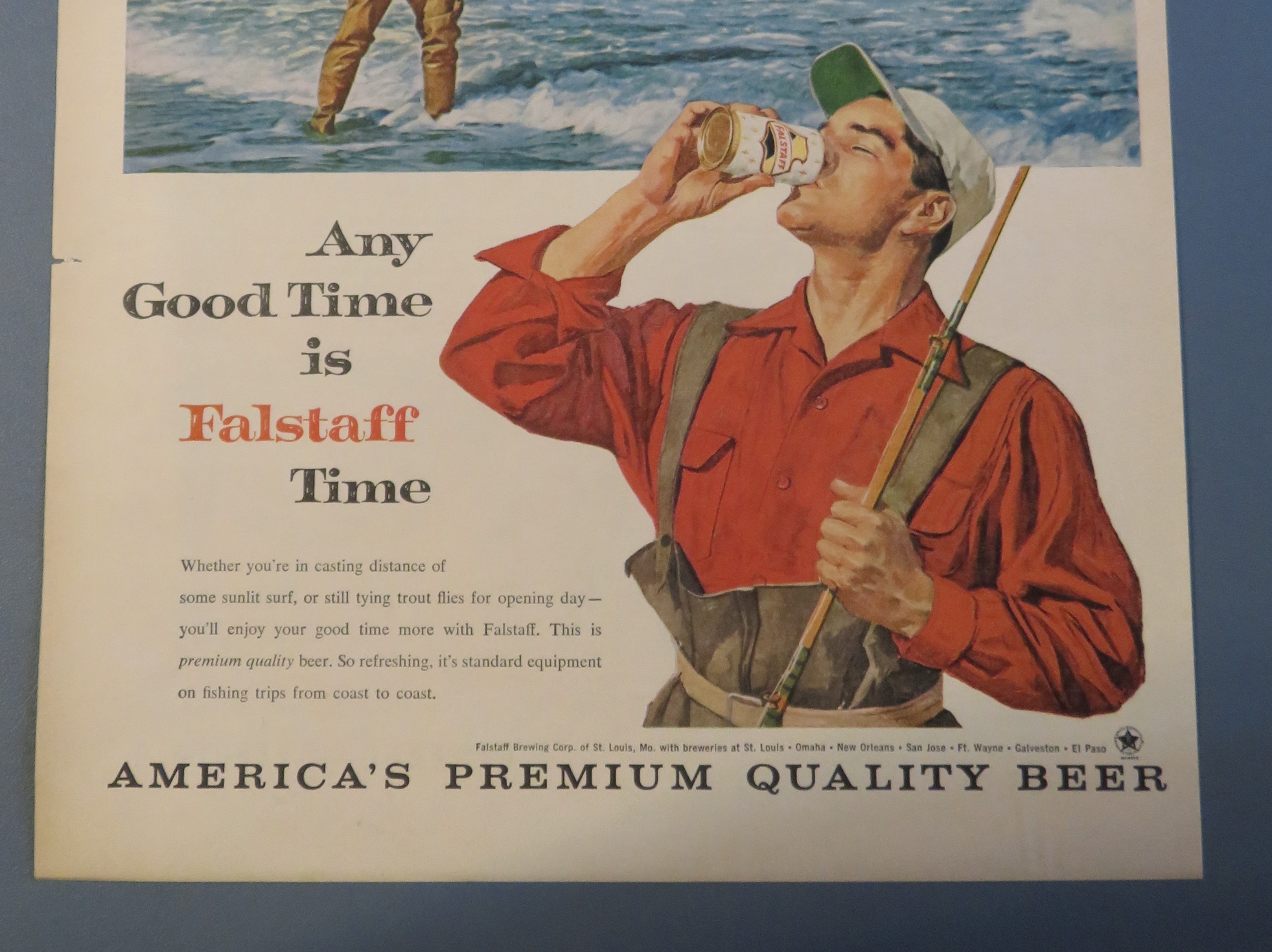 1960 Falstaff Beer with Man Fishing & Drinking Beer