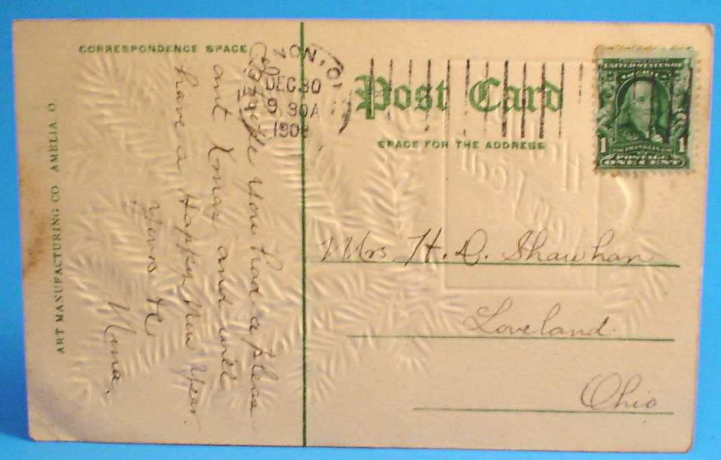 1908 Postcard:  Christmas Greeting, Used