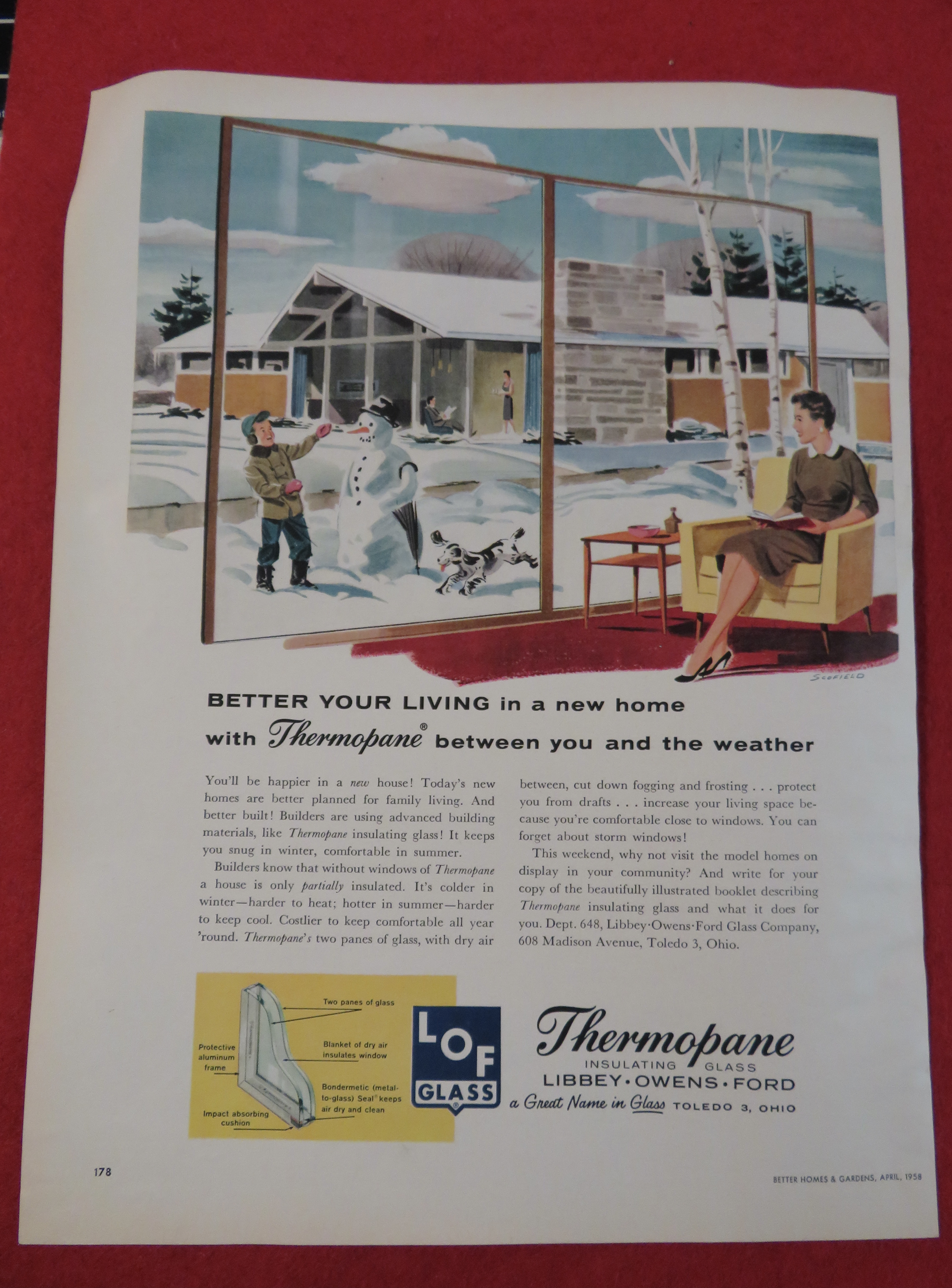 1958 Thermopane Glass with Boy Building Snowman