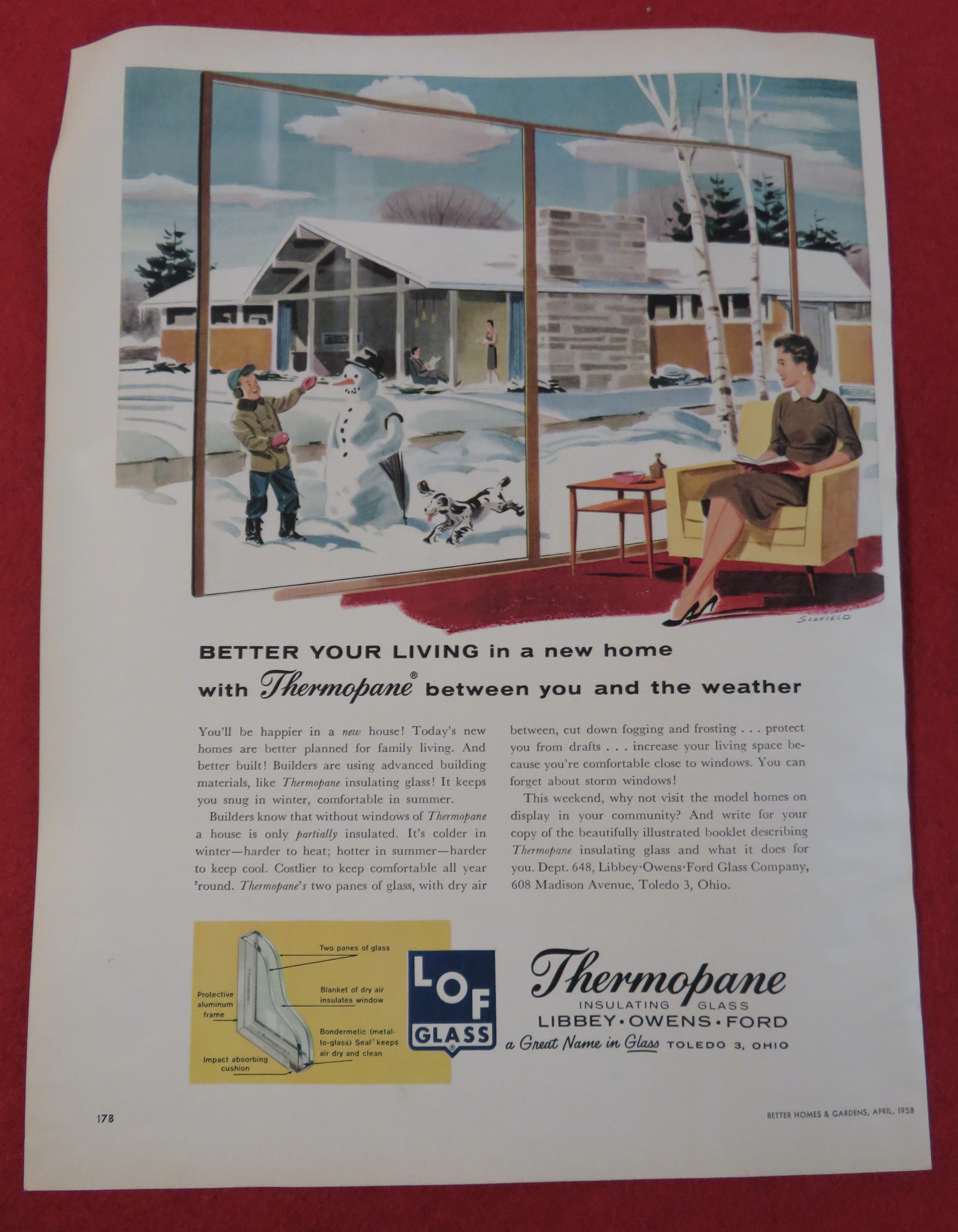 1958 Thermopane Glass with Boy Building Snowman