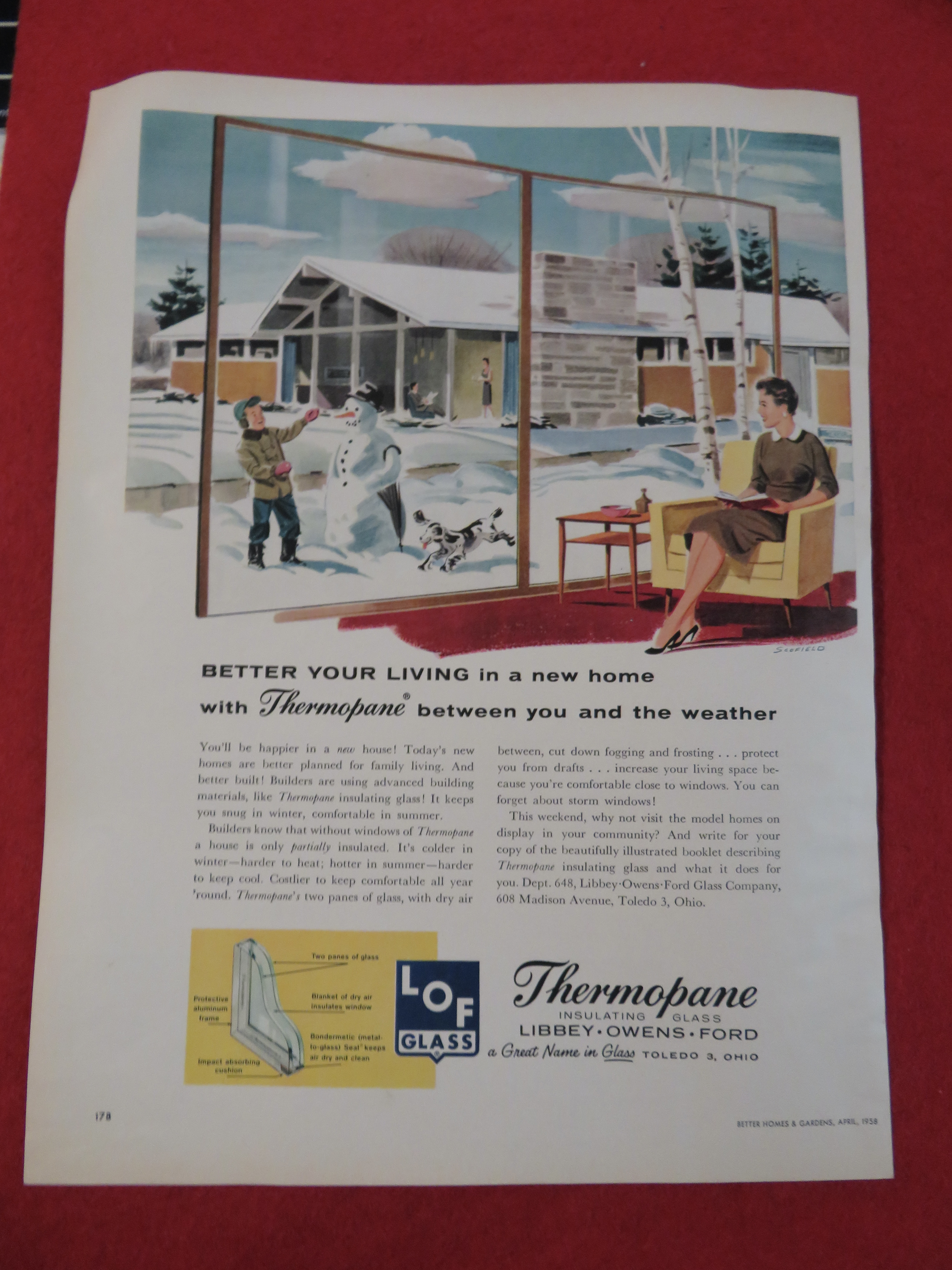 1958 Thermopane Glass with Boy Building Snowman